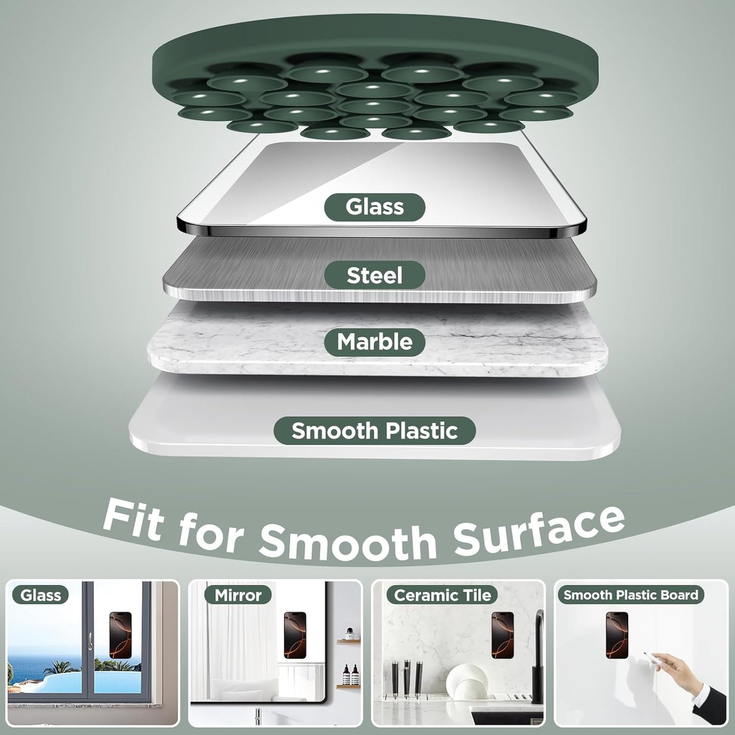 Magnetic Suction Cup Phone Mount for MagSafe Case, Silicone Hands-Free Phone Grip Holder for iPhone and Android, Mirror Shower Phone Stand for Makeup FaceTime Gym Kitchen Bathroom, Alpine Green