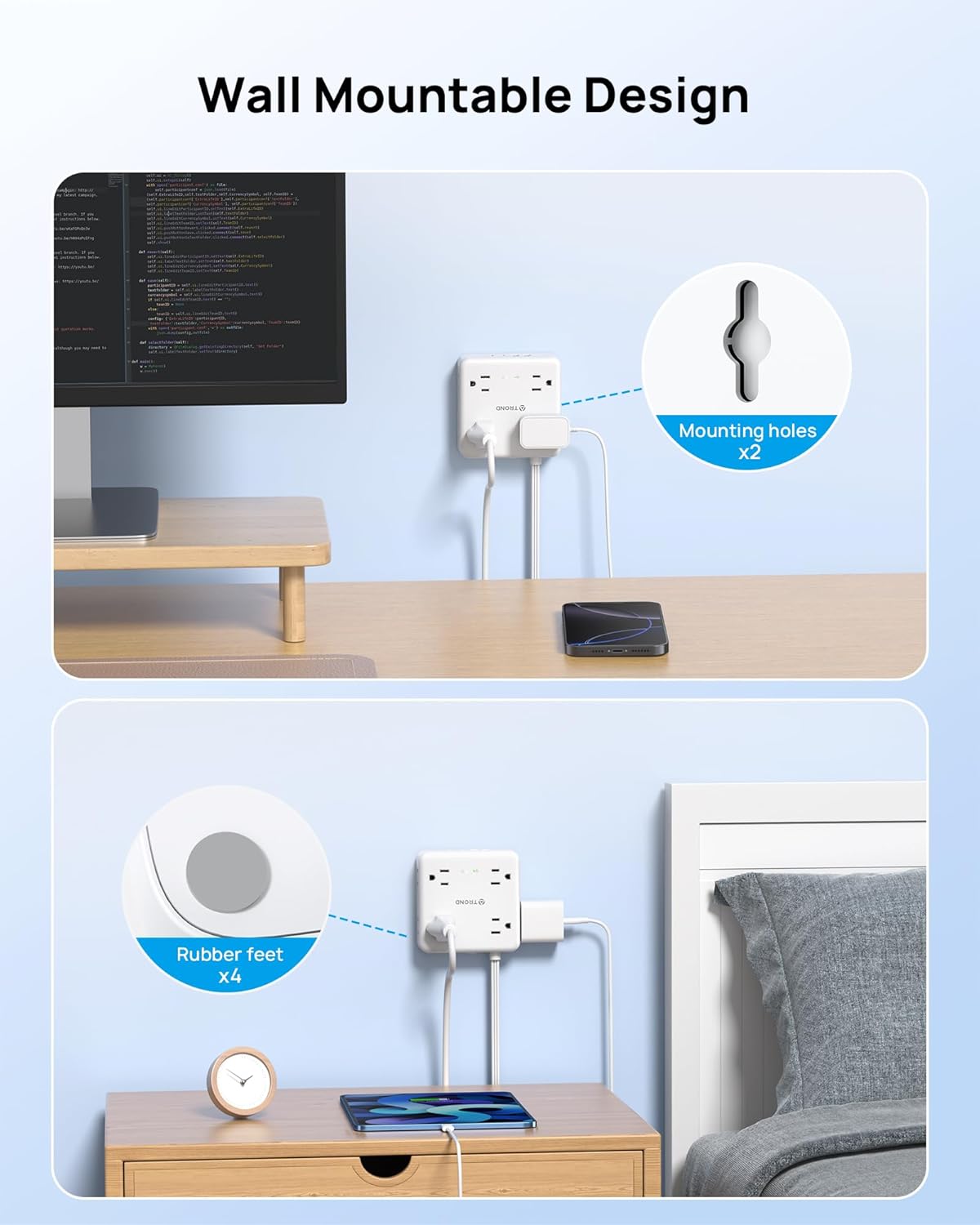 TROND 360° Rotating Flat Plug Power Strip, 10FT Flat Extension Cord with Multiple Outlets 4 USB (2 USB C), Wall Mount Surge Protector 1440 Joules for Home Office Travel Dorm Room Essentials, White