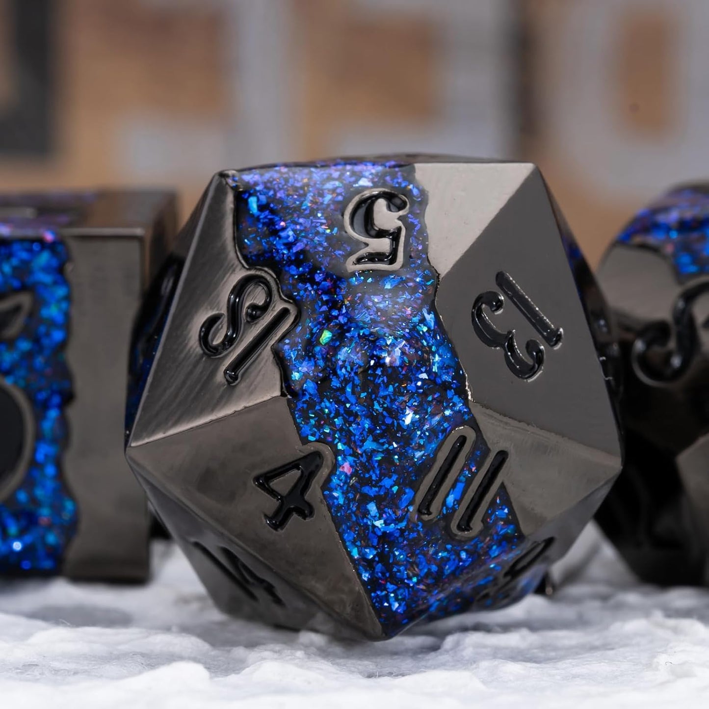 D&D Dice Set Metal,Large Striped Glitter Dice Set.RPG Polyhedral Dice 7pcs Set(Antique Nickel Dark Blue)