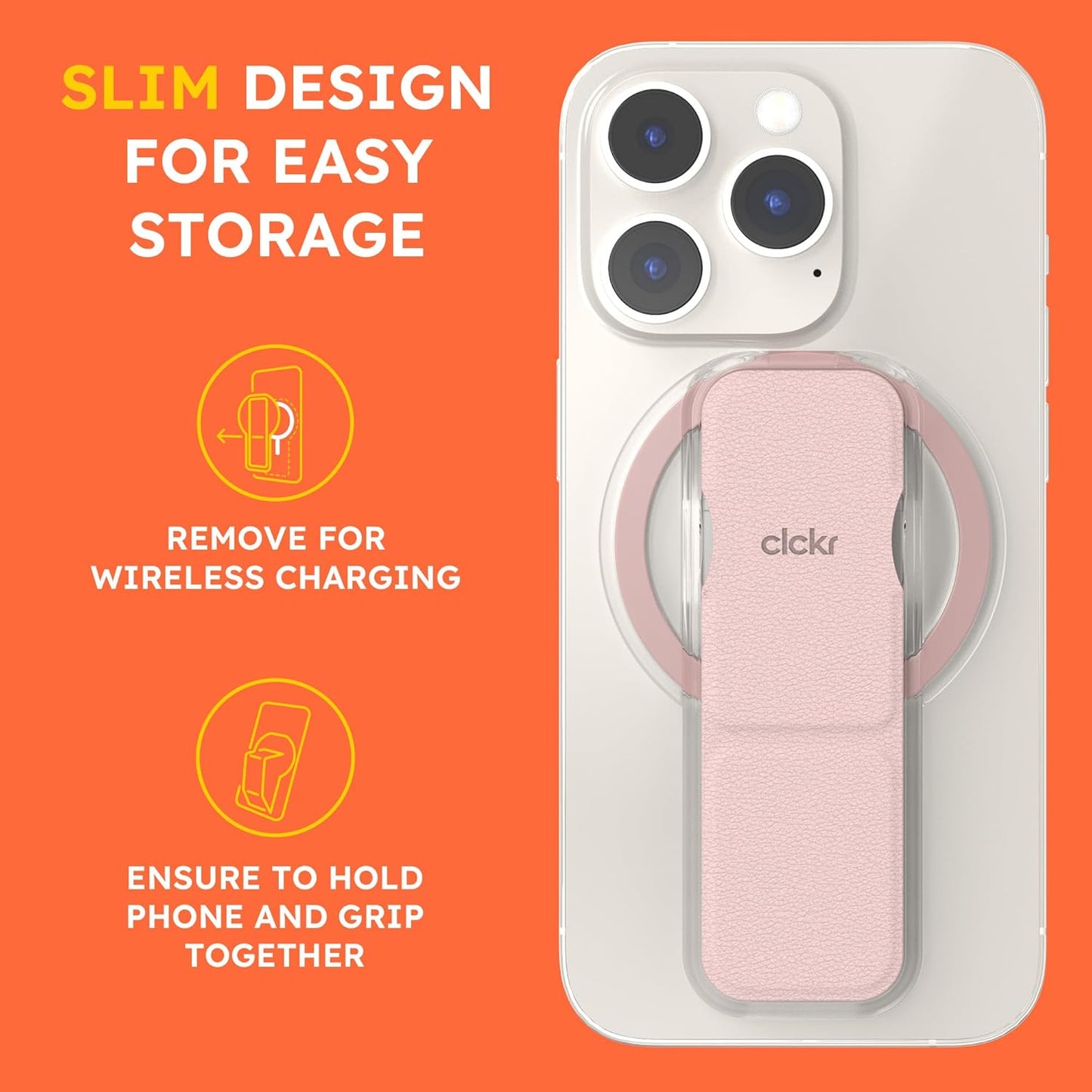 CLCKR Finger Phone Grip for MagSafe Stand, Phone Grip Loop Holder with Kickstand, Magnetic Phone Grip Holder, for iPhone 16/15/14/13/12 Pro Max Plus Series, Clear Pink