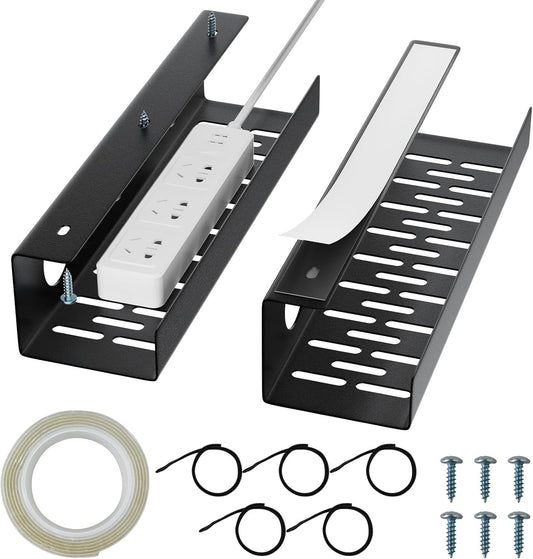 Self-Adhesive Under Desk Cable Management Tray 2 Pcs Steel Under Desk Wires Organizer Power Strip Management No Drill Under Table Organizer for Cable Storage Holder for Office Home Desk/Table