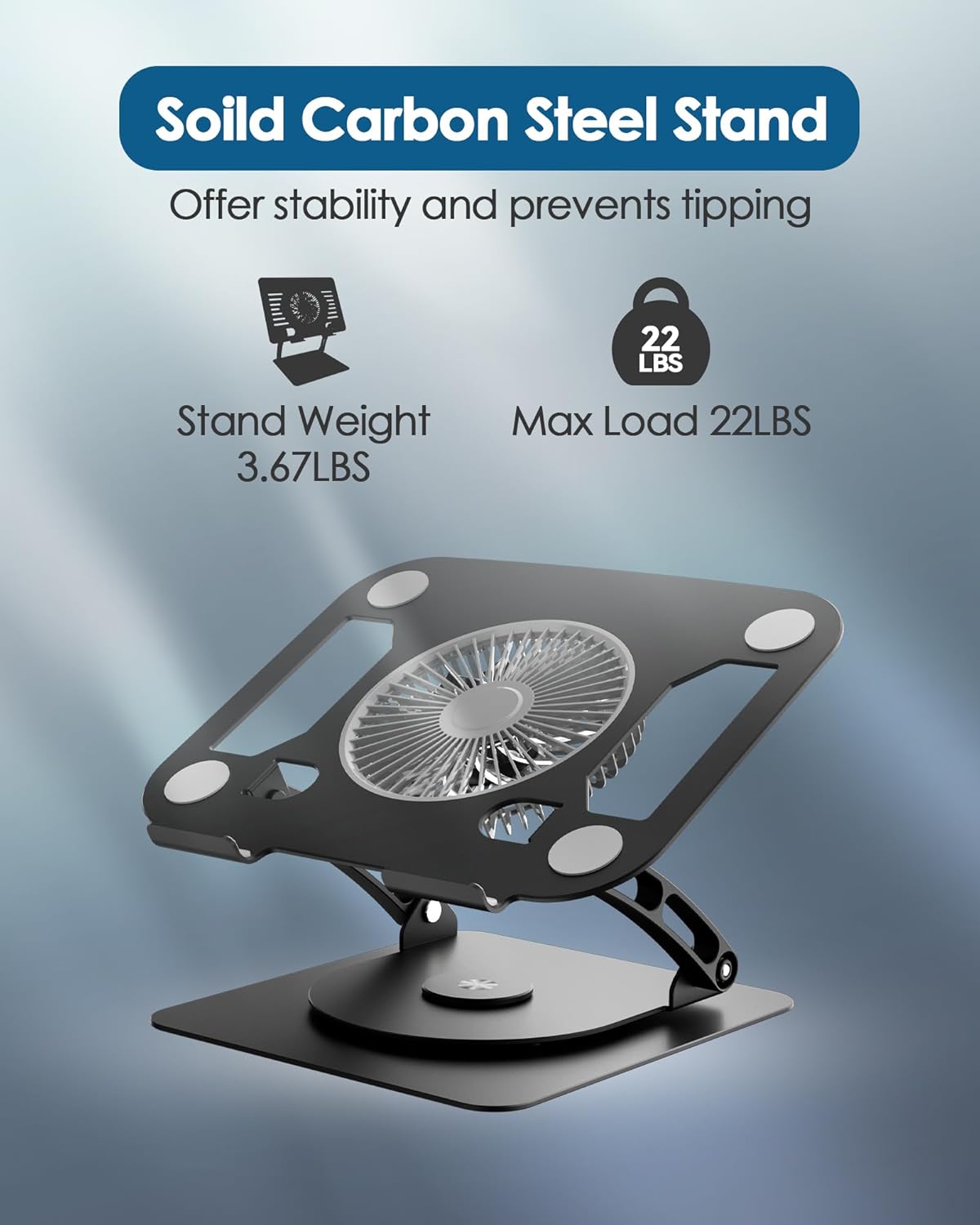 SHUWEI Laptop Cooling Stand with 3 Speed Fan, Adjustable Height & Angle, 360 Rotation Base, Carbon Steel Framework, Ultra-Quiet & Super Sturdy for up to 16”Laptop - Silver