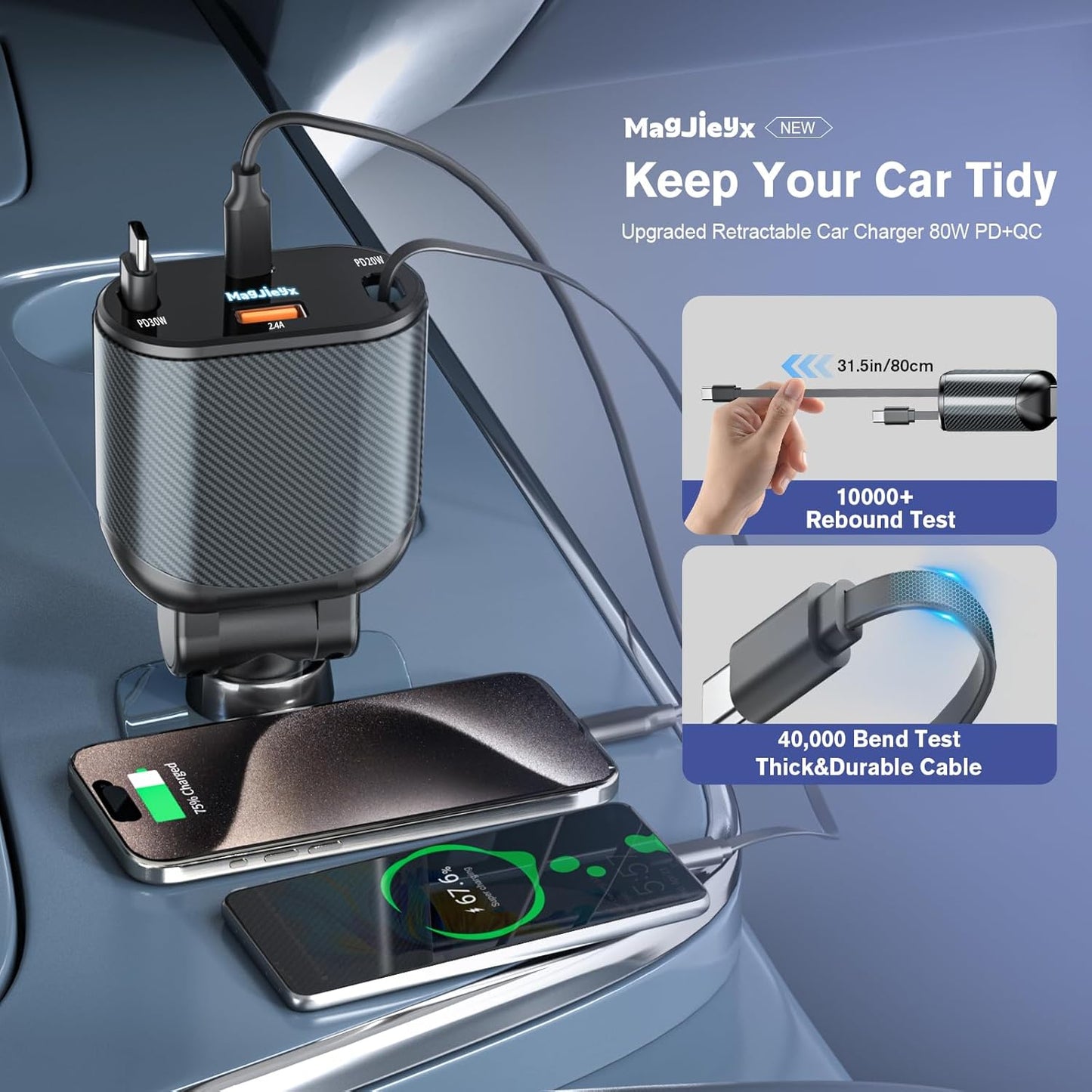 Retractable Car Charger for 4 in 1 Fast Charging Max 80W【ONLY 2 Type-C Charging Cable】 for iPhone16 15/Galaxy,USB-A/C Port for iPhone16/15/14/13/Pro Max Plus,iPad,AirPods,PD 3.0 Cord