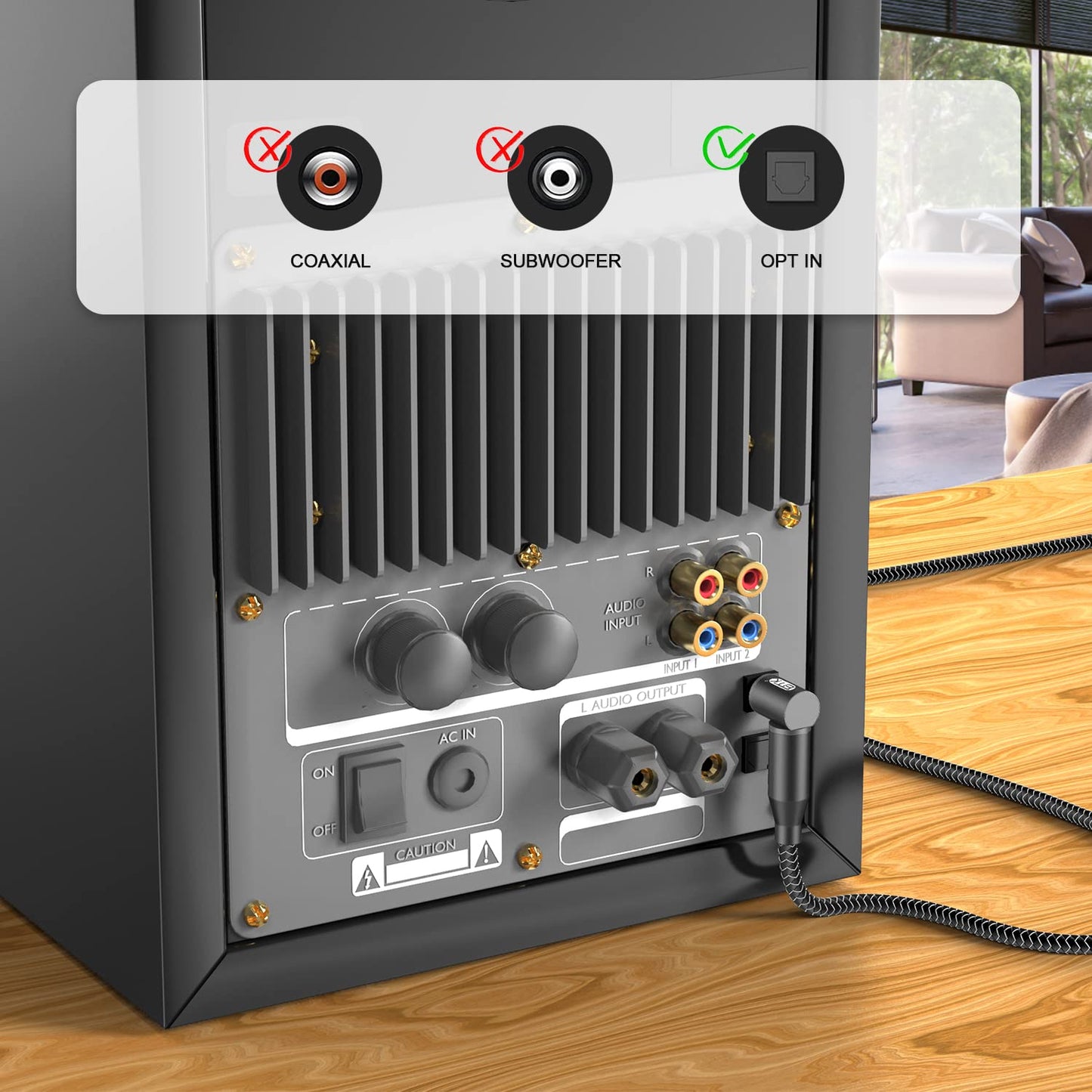 EMK 90 Degree Right Angle Optical Audio Cable [2ft/0.6M] - 360° Rotatable Digital Toslink SPDIF Cable for Soundbar to TV, Home Theater - Black Fiber Optic Cable with Angled Connector