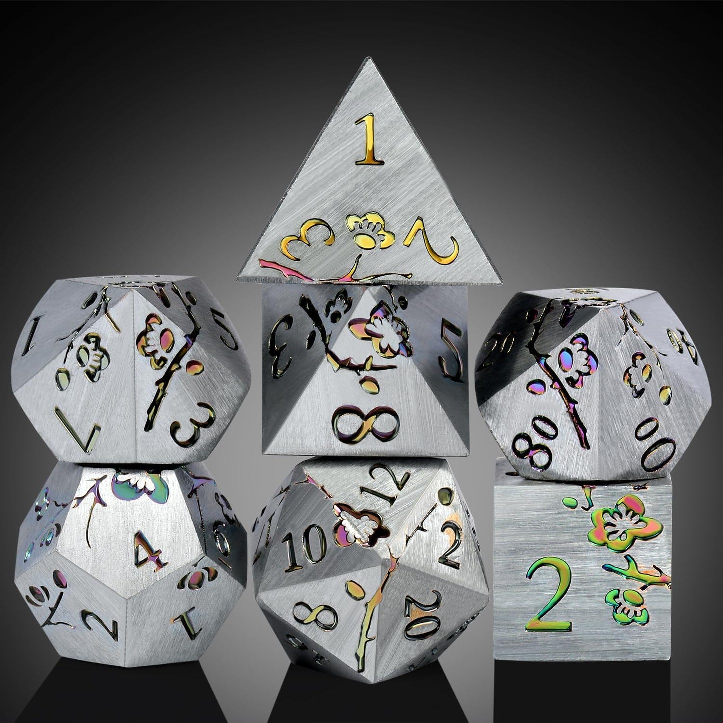 DNDND Rainbow Flower Metal Dice Set, 7 PCS Metallic Flowers DND Dice with Gorgeous Gift Case for D&D Dungeons and Dragon Tabletop Game (Rainbow Flowers)