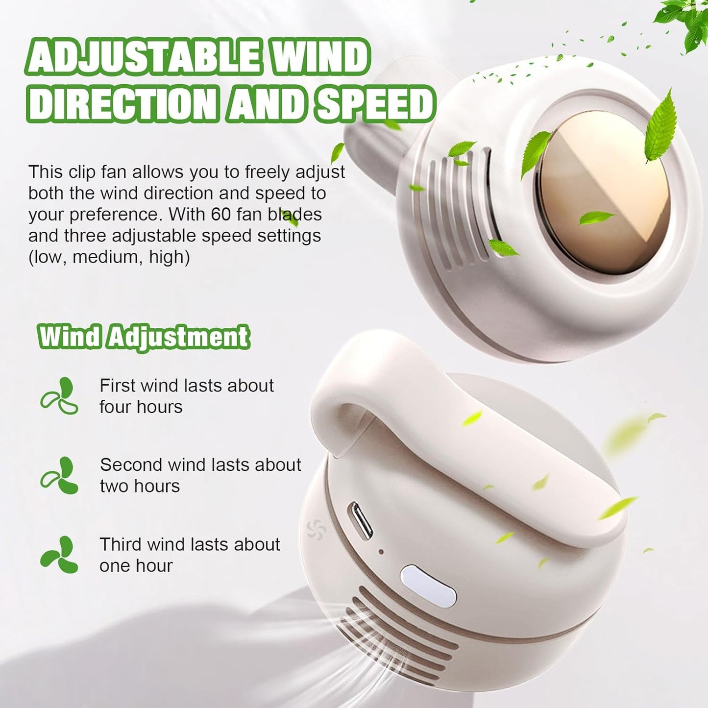 Portable Silent Mini Bladeless Fan Clip on, Portable Silent Mini Bladeless Electric Fan, For Outdoor & Travel & Office, Travel Accessories, Gift, Adjustable 3-Speed (Type-c, White)