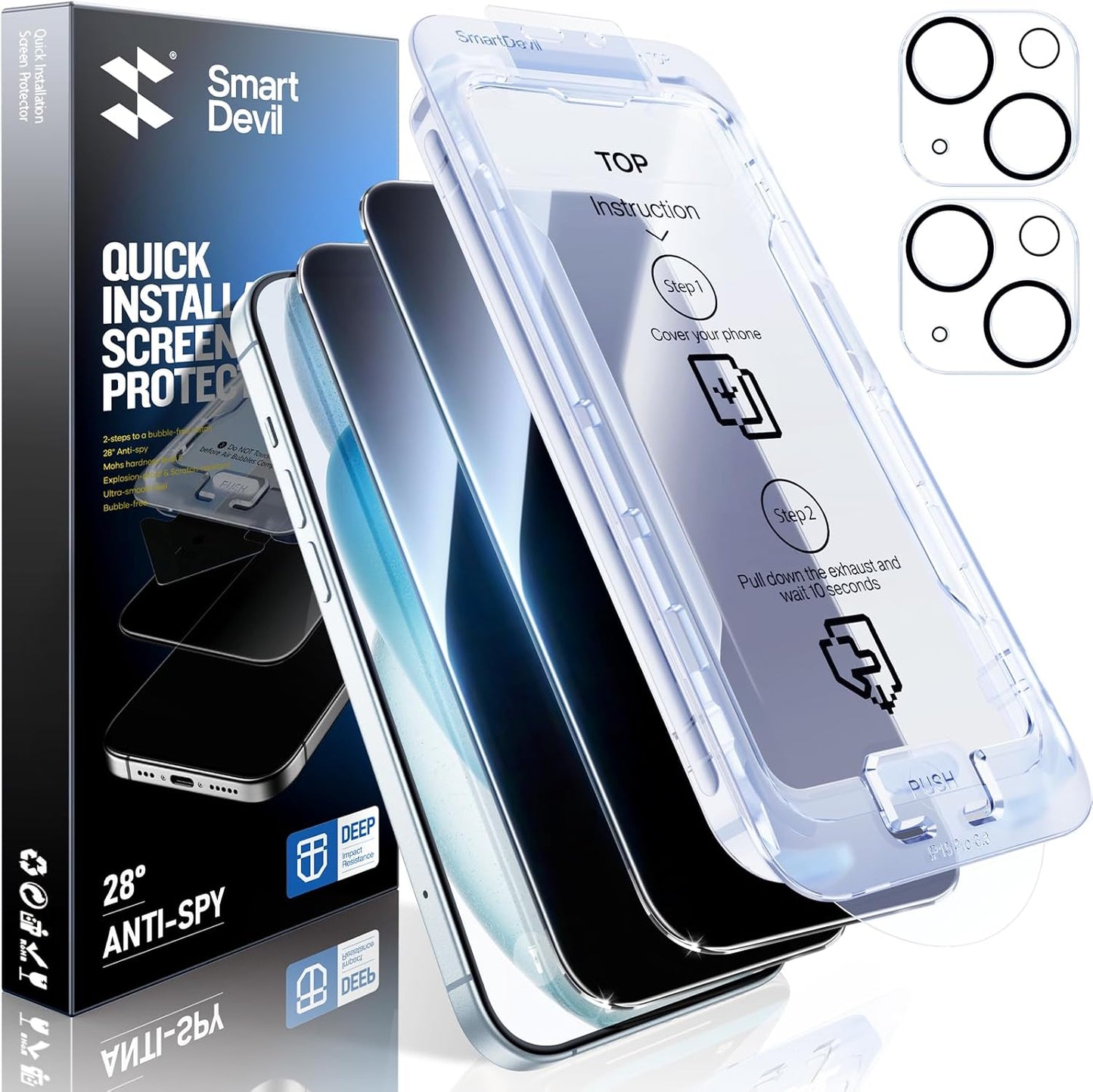 SMARTDEVIL 2+2Pack Privacy Screen Protector for iPhone 15 with Camera Lens Protector,Shatterproof Tempered Glass [True 28°Anti Spy] [9H Hardness] [Automatic Dust-Elimination Install] [Bubble Free]