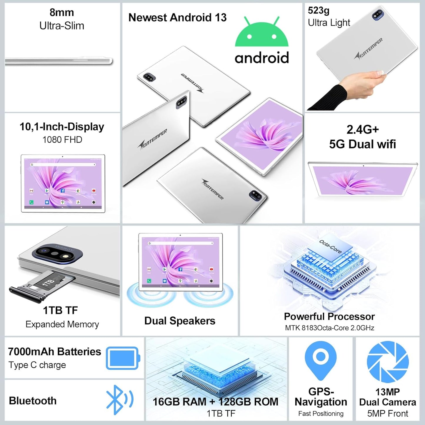 ANTEMPER Latest Android Tablet 10.1 Inch, 5G WiFi Tablets Mit 16GB RAM+128GB ROM(1TB TF),2 in 1 Tablet with Keyboard Mouse Pen-Octa-Core2.0Ghz | 7000mAh | 1080FHD | 13MP Camera | WLAN GPS -Silvery
