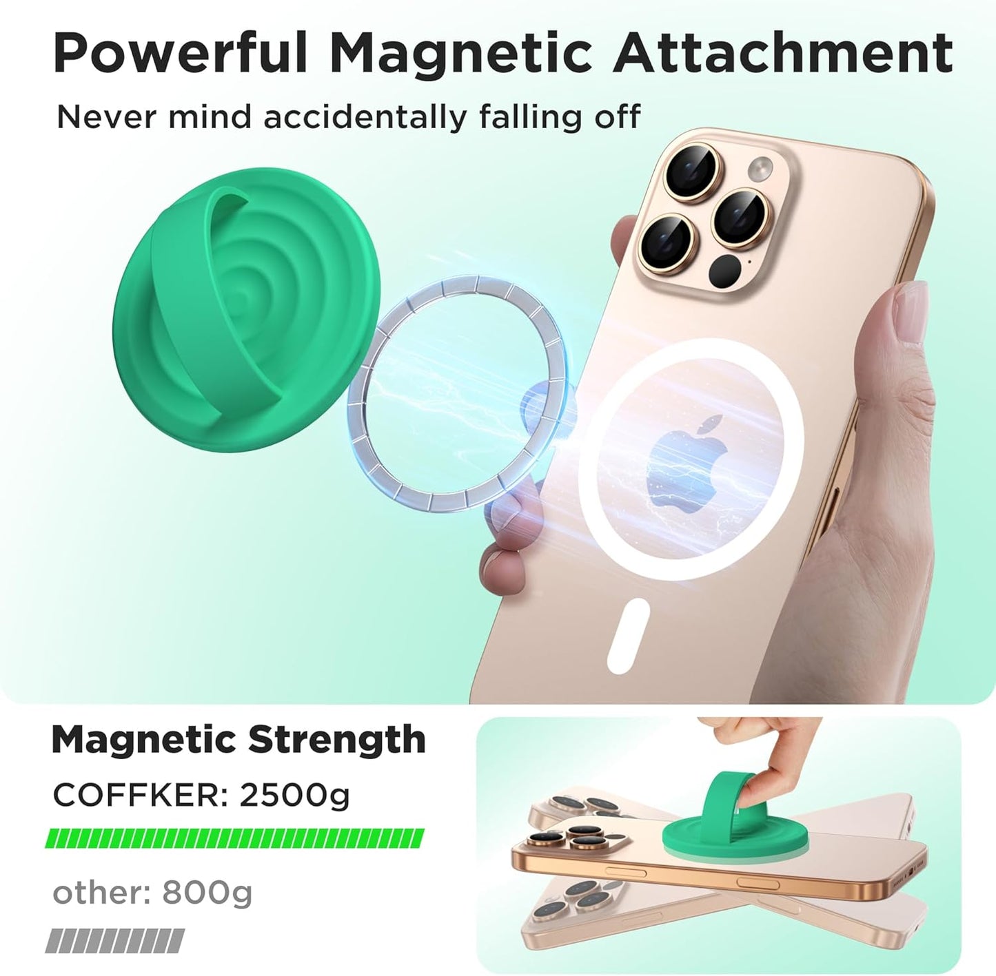 Magnetic Phone Ring Grip Holder, Silicone Finger Loop Grip, Compatible with MasSafe, Back of Phone for iPhone Pro Max/Plus/16/15/15/14/13/12 Series, Emerald Green