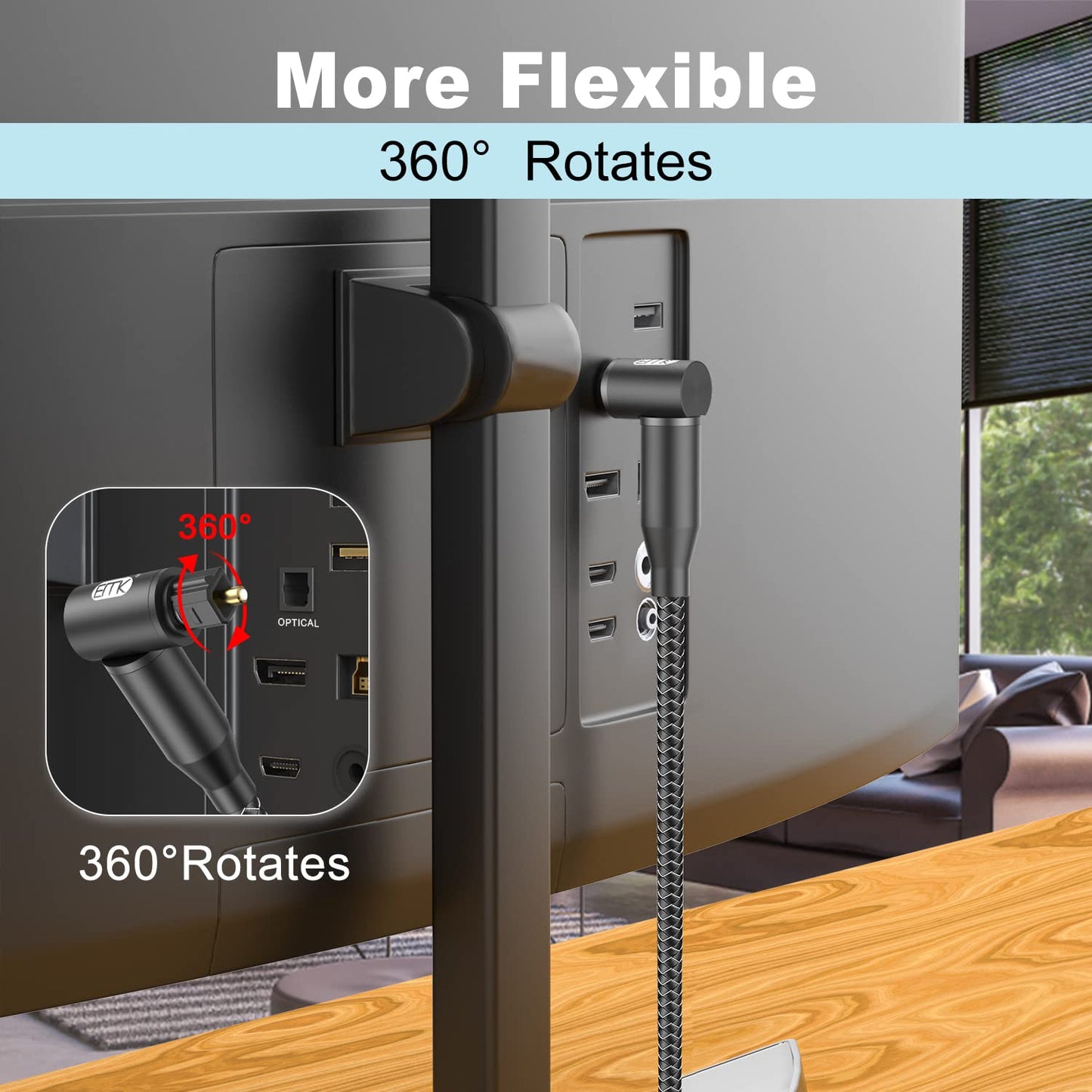 EMK 90 Degree Right Angle Optical Audio Cable [22ft/7M] - 360° Rotatable Digital Toslink SPDIF Cable for Soundbar to TV, Home Theater - Black Fiber Optic Cable with Angled Connector