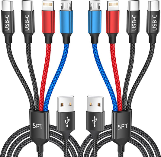 Travel Essentials, Dual Type-C 4 in 1 Multi Charging Cable for Multiple Devices, USB Cables Universal Phone Charger Cord with IP/Micro/2 USB-C Port for iPhone16/15/14, Android Tablet Pad, 2Pack 5FT