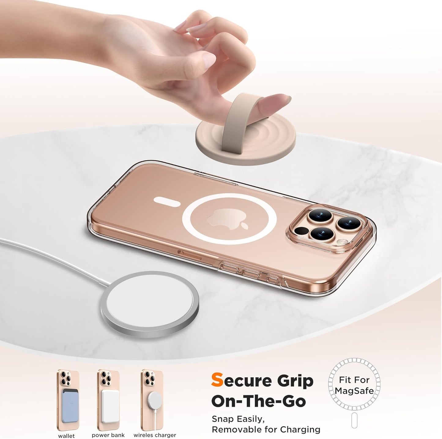 Magnetic Phone Ring Grip Holder, Silicone Finger Loop Grip, Compatible with MasSafe, Back of Phone for iPhone Pro Max/Plus/16/15/15/14/13/12 Series, Oat