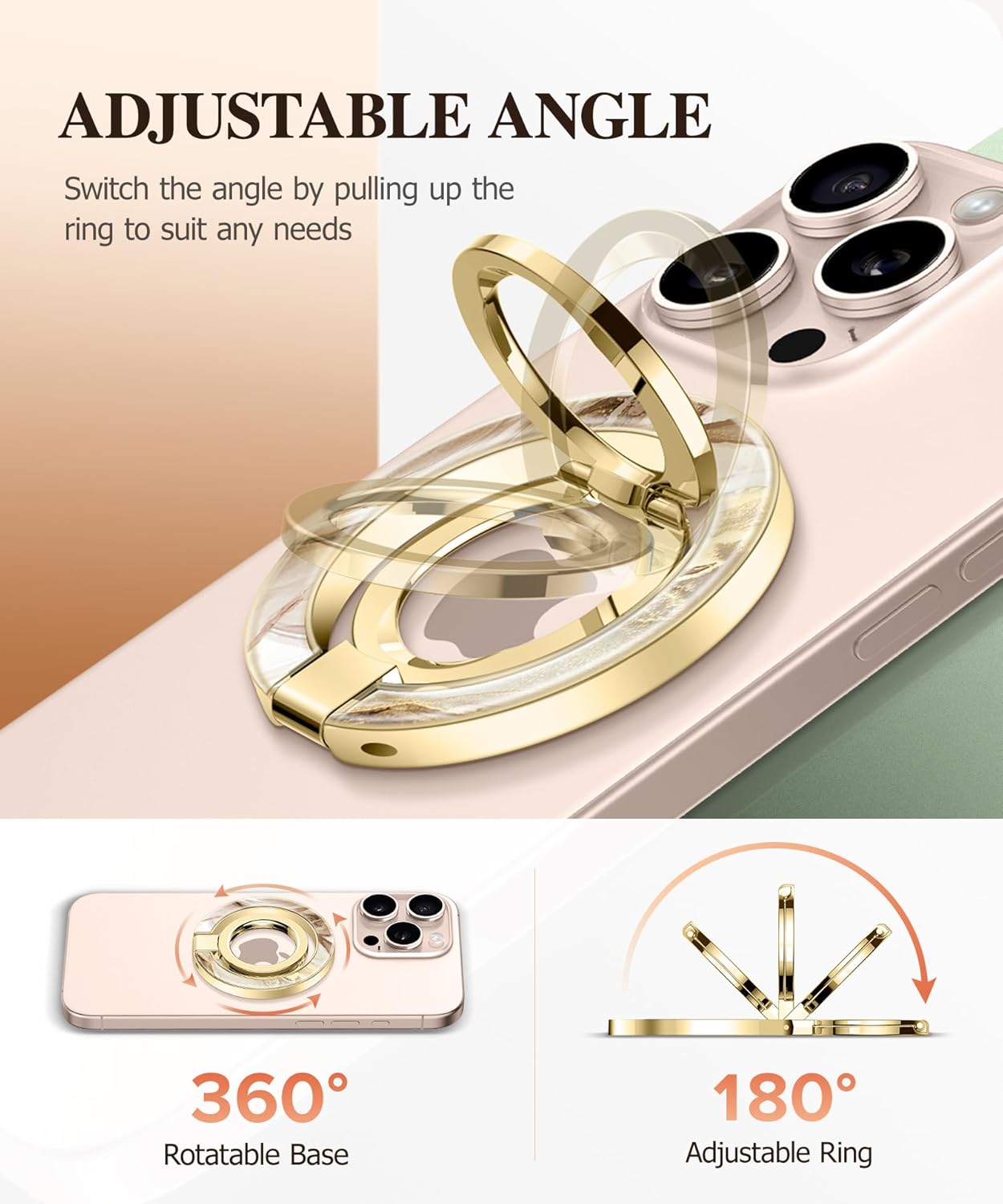 GVIEWIN Magnetic Phone Ring Holder, Compatible with MagSafe Phone Grip with Adjustable Stand, Magnet Phone Ring Kickstand for iPhone 16 Pro Max/Plus/15/14/13/12 Series/Other Phones (Topaz/Gold)