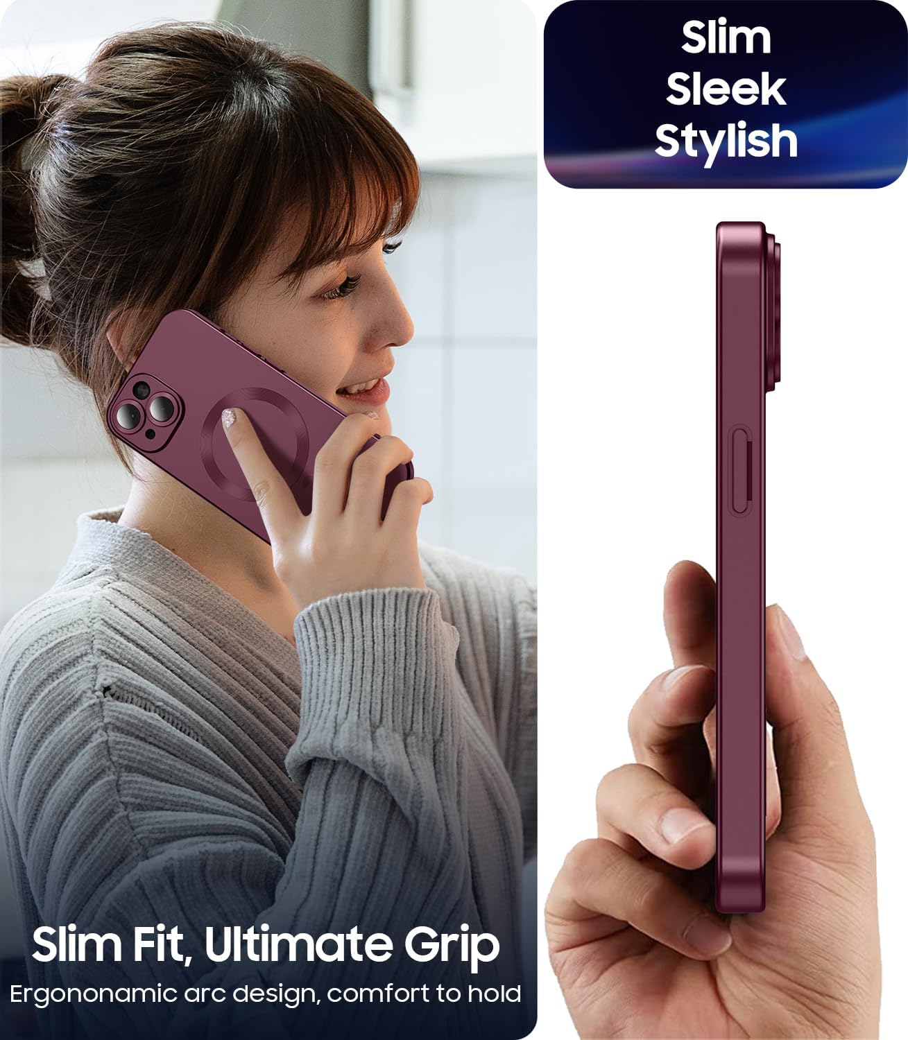 Magnetic for iPhone 14 Plus Case [Compatible with MagSafe][Built-in Camera Lens Protector] Slim Soft Silicone Bumper Shockproof Metallic Luster Phone Case (Burgundy)