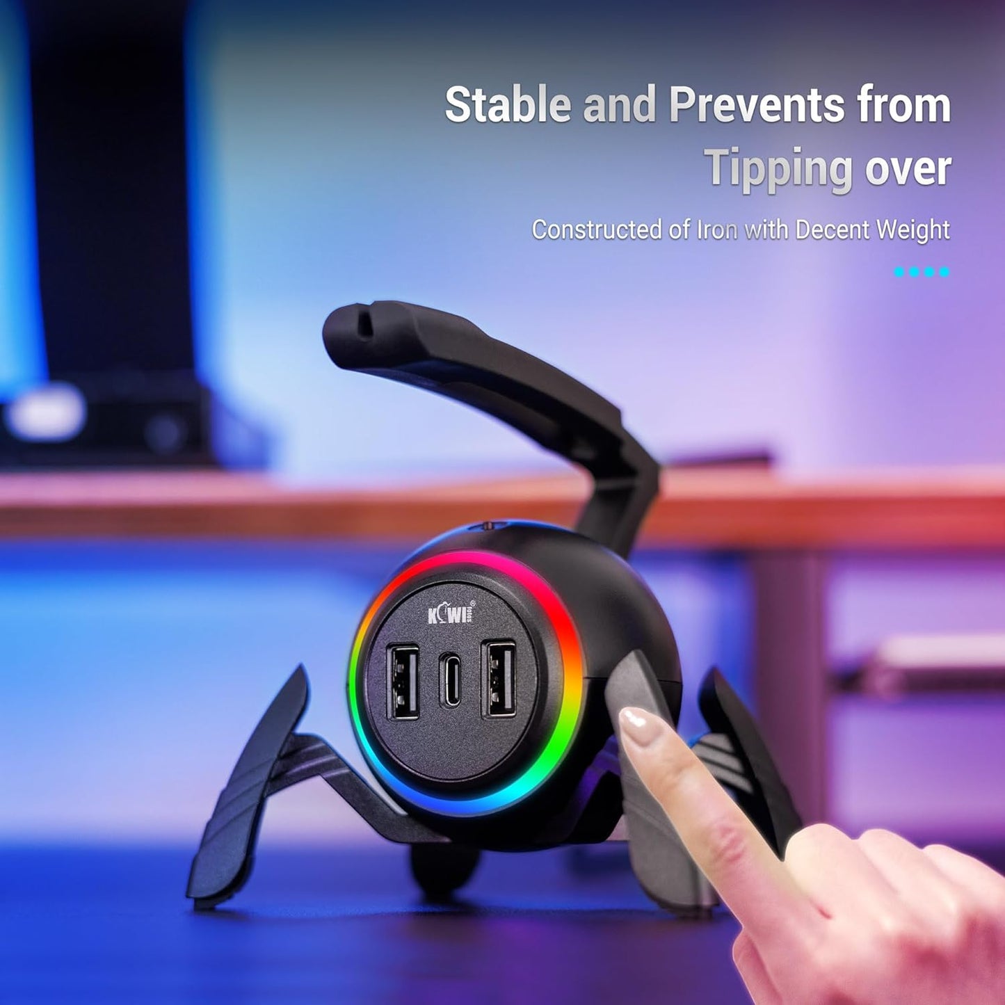 KIWIFOTOS Mouse Bungee RGB Gaming Mouse Cord Holder Controller, Upgraded Flexible Cable Management Smart RGB LED Lights 2 Port USB Hub & 1 Type-C, Spider Mouse Wire Holder