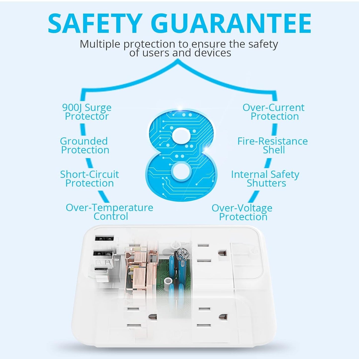 Wall Charger, Surge Protector, 6 Outlet Extender with 3 USB Charging Ports (1 USB C, 3.4A) 900J Wall Mount Power Strip Multi Plug Outlets for Home Travel Office ETL Listed