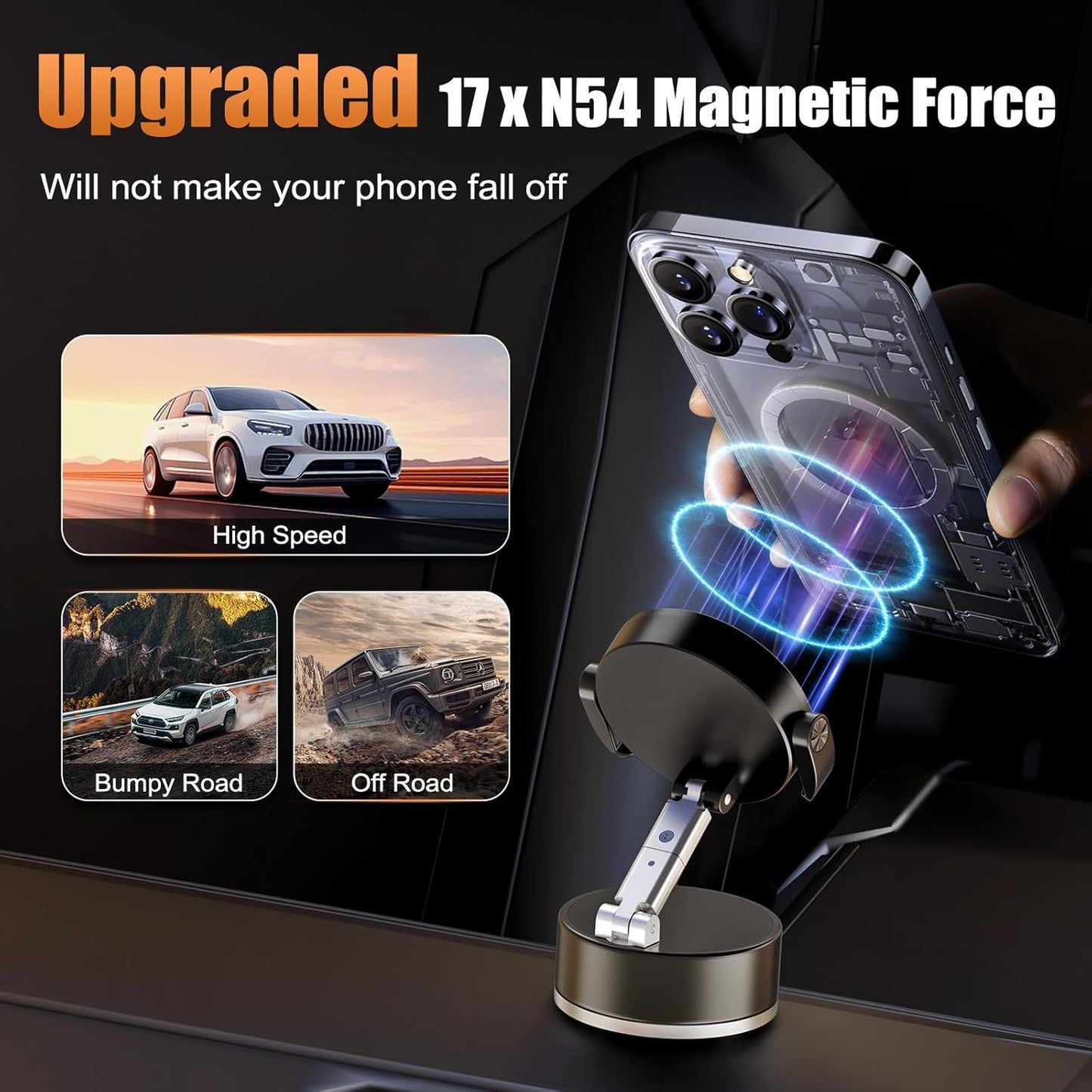 OOCC Magnetic Phone Holders for Your Car, 360°Rotating Adjustable Magsafe Car Phone Mount, Foldable Vacuum Magnetic Car Phone Holder for All Smartphones & All Car Models, Black