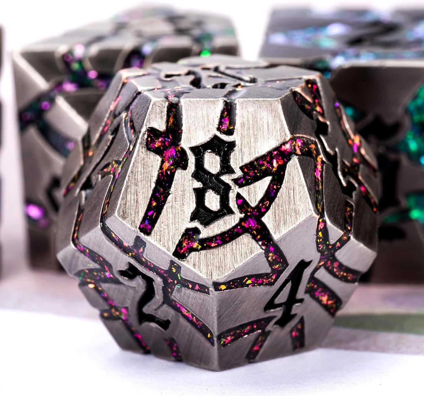 Metal Dice Set D&D,Crack Metallic DND Dice Set with Box, Metal Glitter RPG Dice for Dungeons and Dragons Table Game(Antique Nickel 7 Colors)