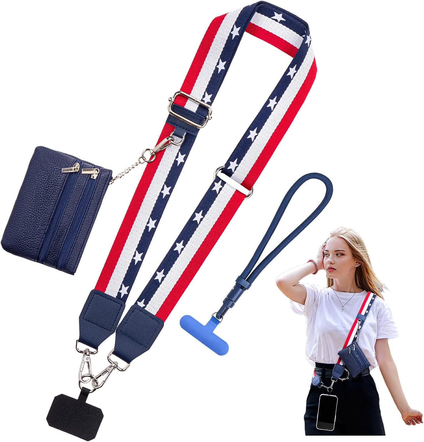 Clip and Go Phone Crossbody Strap with Wallet, 2 Pcs-Crossbody Lanyard & Wrist Holder for Cell Phones-2 Pads, Save Girls Phone Strap with Zipper Bag, Adjustable Neck Lanyard for Women (Flag Color)