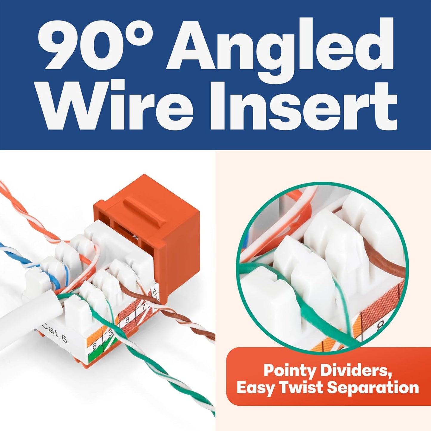 Everest 90° Angled RJ45 Cat6 Keystone Jacks 50-Pack in Orange - Slim Profile Female RJ45 Connectors - Cat 6 Keystone Jack - Compatible with 90° Angled Speed Termination Tool - easyJACK (B094WB91H3)