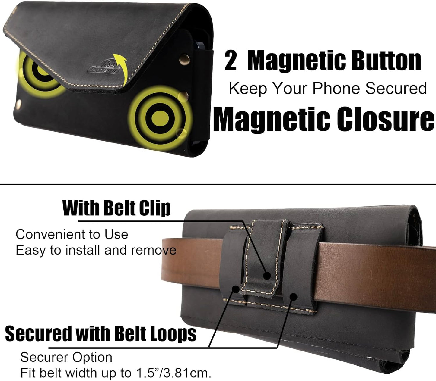 Topstache Leather Phone Holster with Belt Clip,S22 Ultra Belt Holder,iPhone 14 Pro Max Case for Belt,Leather Belt Pouch for Universal Smartphone with Protective Case,Flip Cellphone Pouch,XL,Black