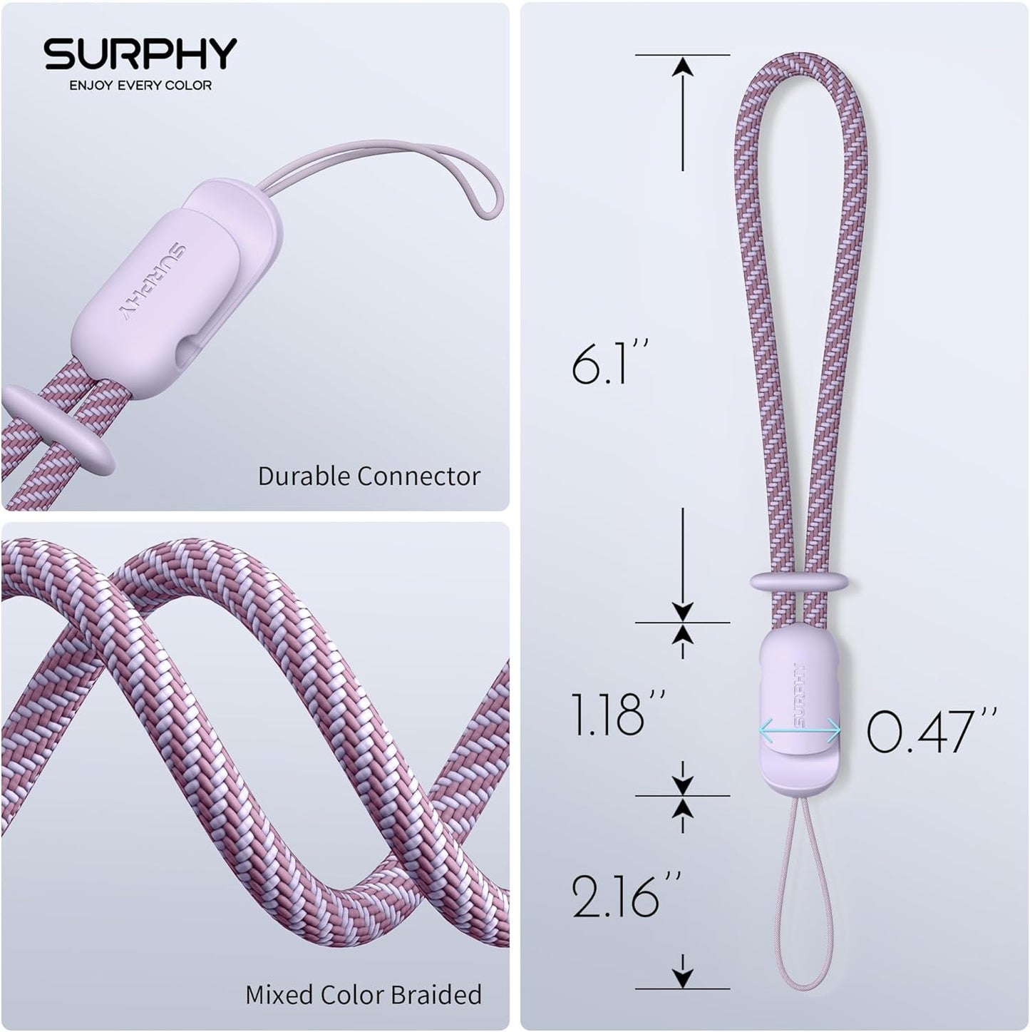 SURPHY 2 Pack Phone Lanyard for Cellphone Case, Phone Wrist Strap for Case, Cellphone Strap with 2-Color Braided, Charm Wrist Lanyard for Women and Men, Lilac & Gray