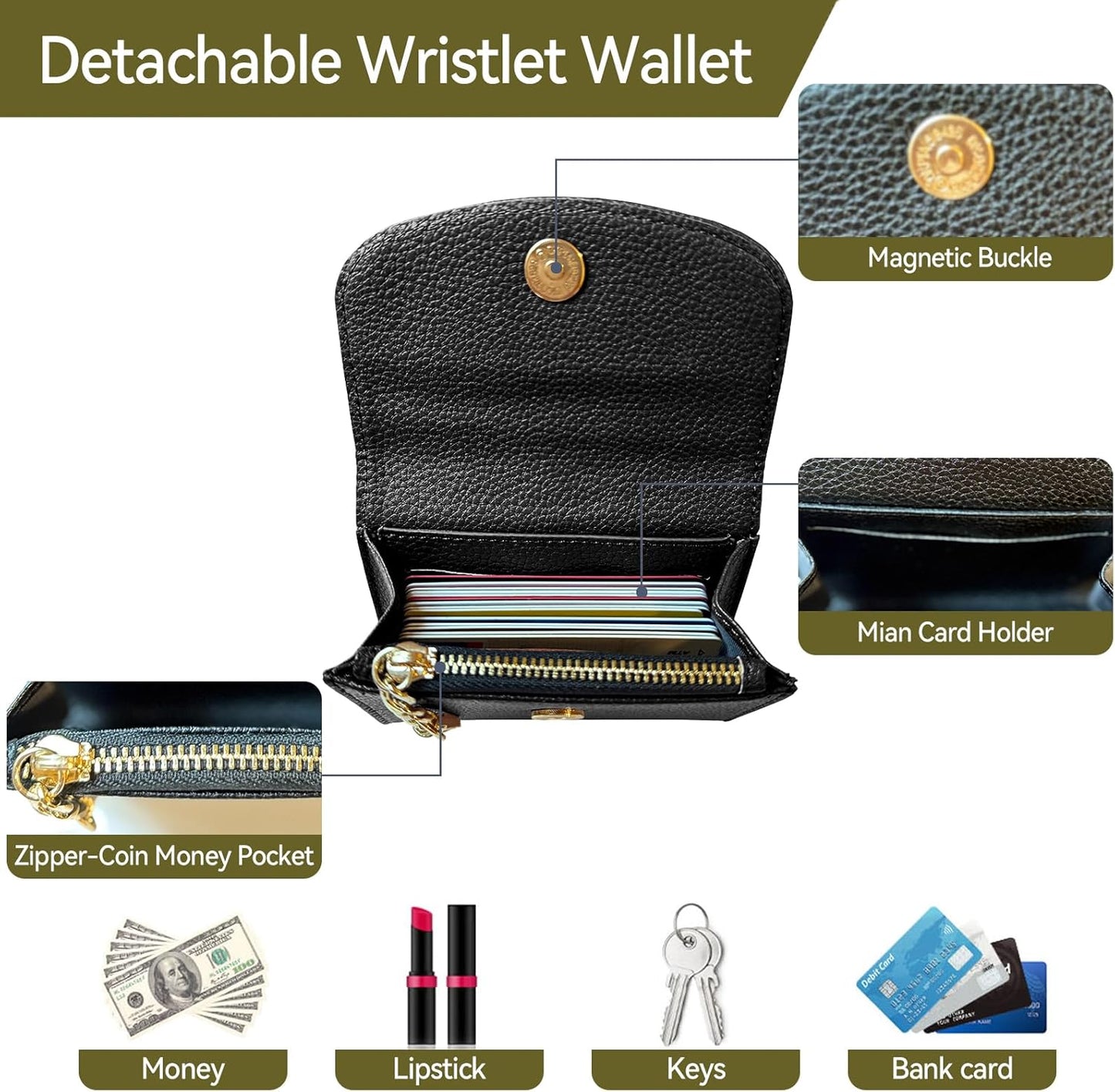 Clip and Go Strap for Phone with Wallet Metal Gun Chain Crossbody Phone Lanyard for Women Adjustable Detachable Wristlet Charm Small Purse Leather Card Holder Zipper with iPhone Stand 2 Patches Black