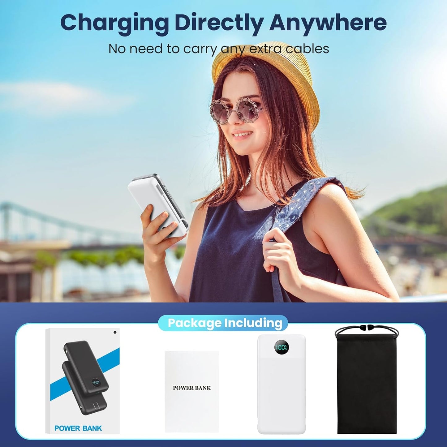Portable Charger 33800mAh USB C Power Bank with Built-in Cables & AC Wall Plug,25W Fast Charging+QC 4.0 Phone Charger,4 Output LCD Display Battery Pack Compatible with iPhone16/15,Samsung,Android etc