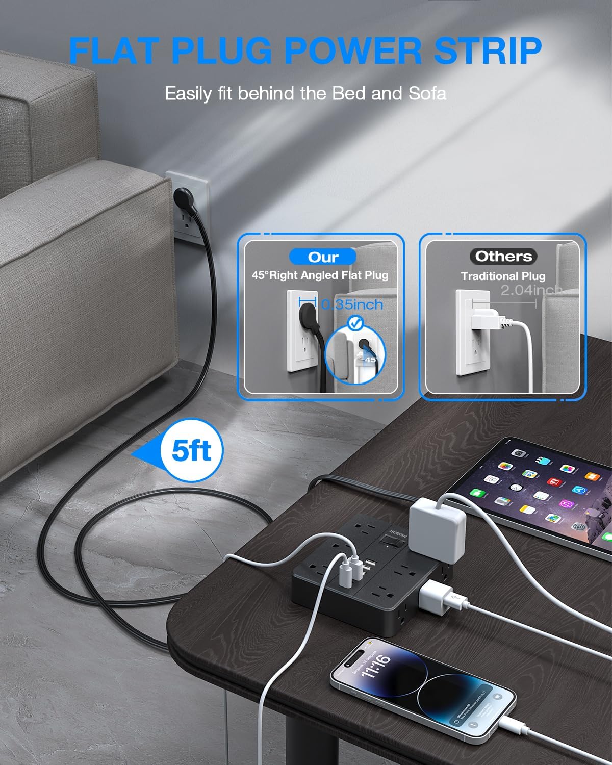 Flat Plug Power Strip Surge Protector, HUNIAN 5 Ft Extension Cord with 12 Widely Spaced Multiple Outlets 6 USB Charger (2 USB C Ports), Desk Charging Station for Home Office Supplies, Black