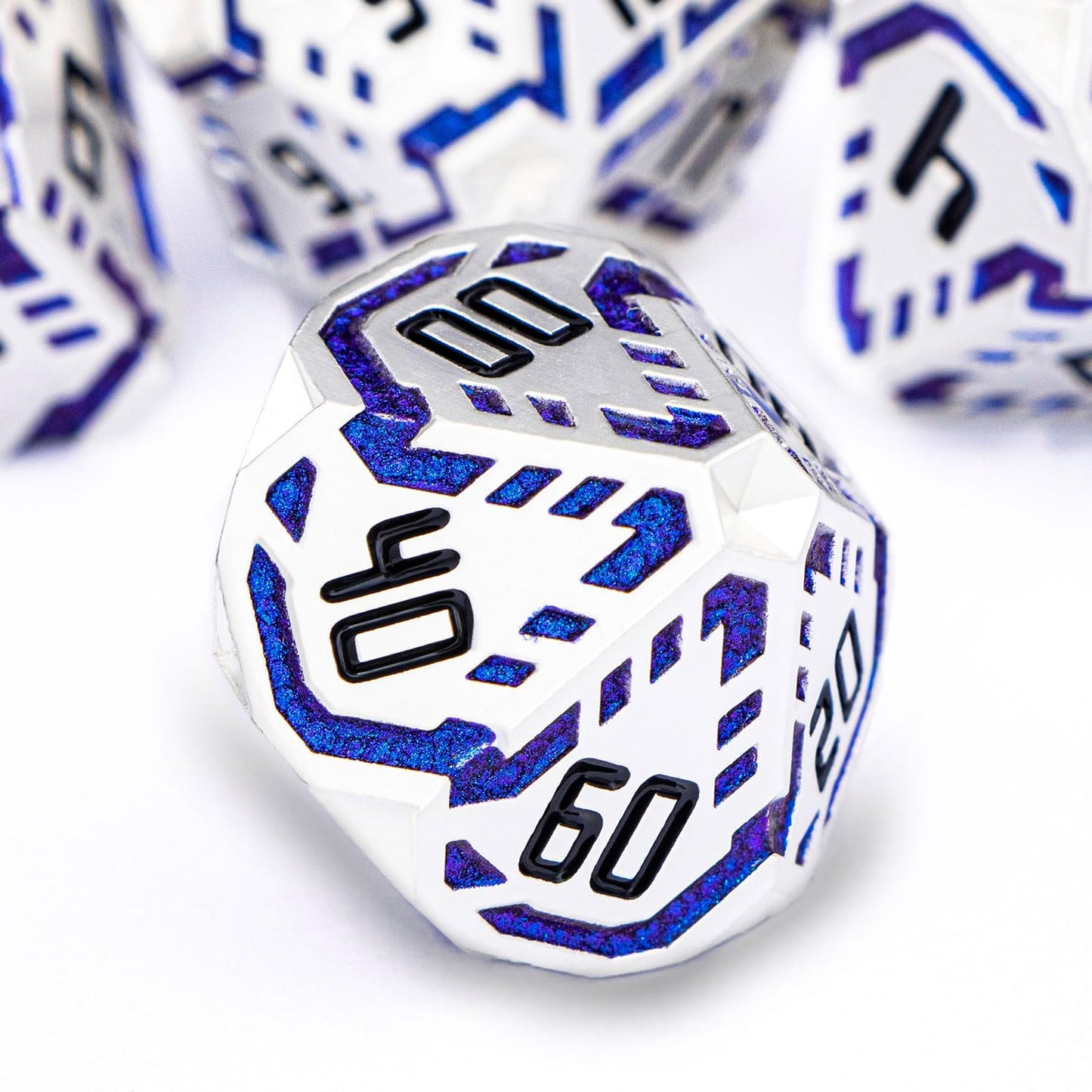 Metal DND Sci-fi Dice Set 7PCS Stripe Polyhedral Dice for Dungeons Dragons RPG Role Playing Game, Glitter D and D Dice with Gift Box D6 D8 D10 D12 D20 (Silver Blue)