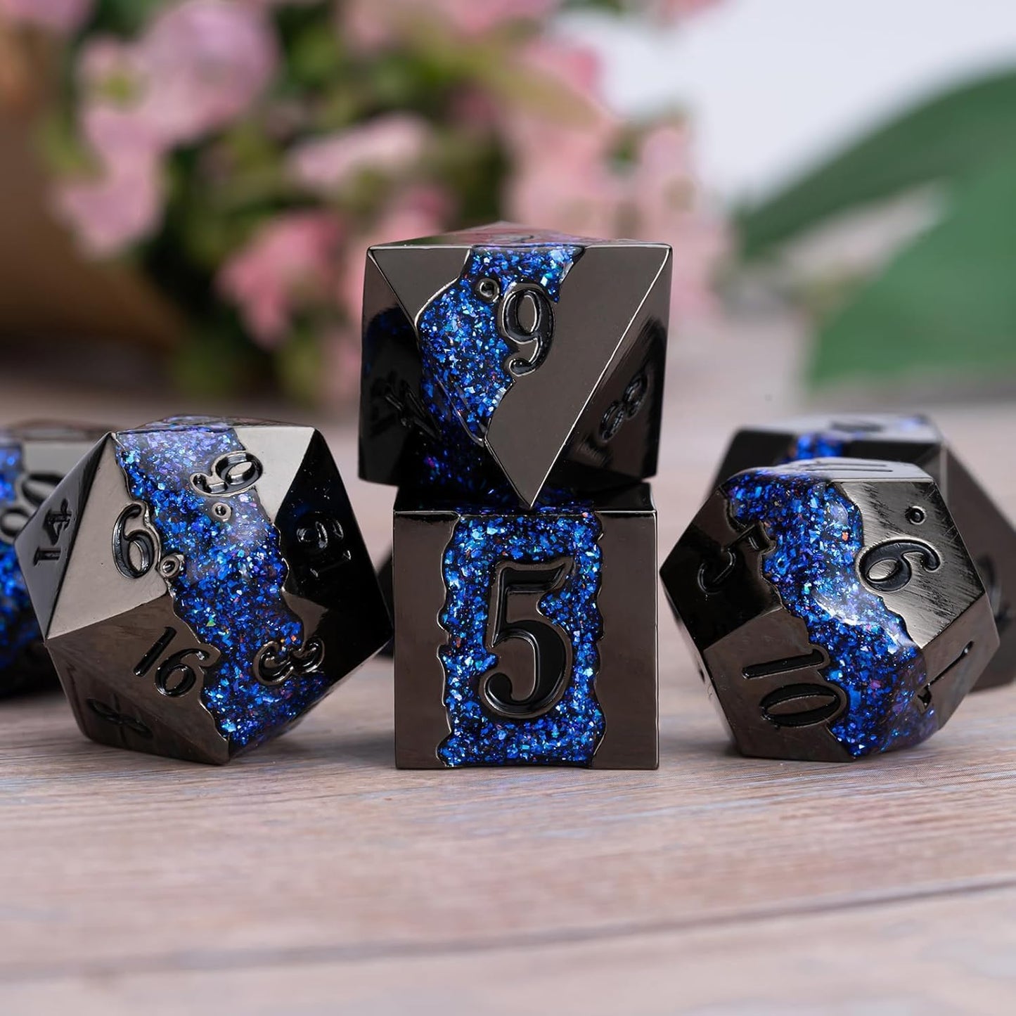D&D Dice Set Metal,Large Striped Glitter Dice Set.RPG Polyhedral Dice 7pcs Set(Antique Nickel Dark Blue)