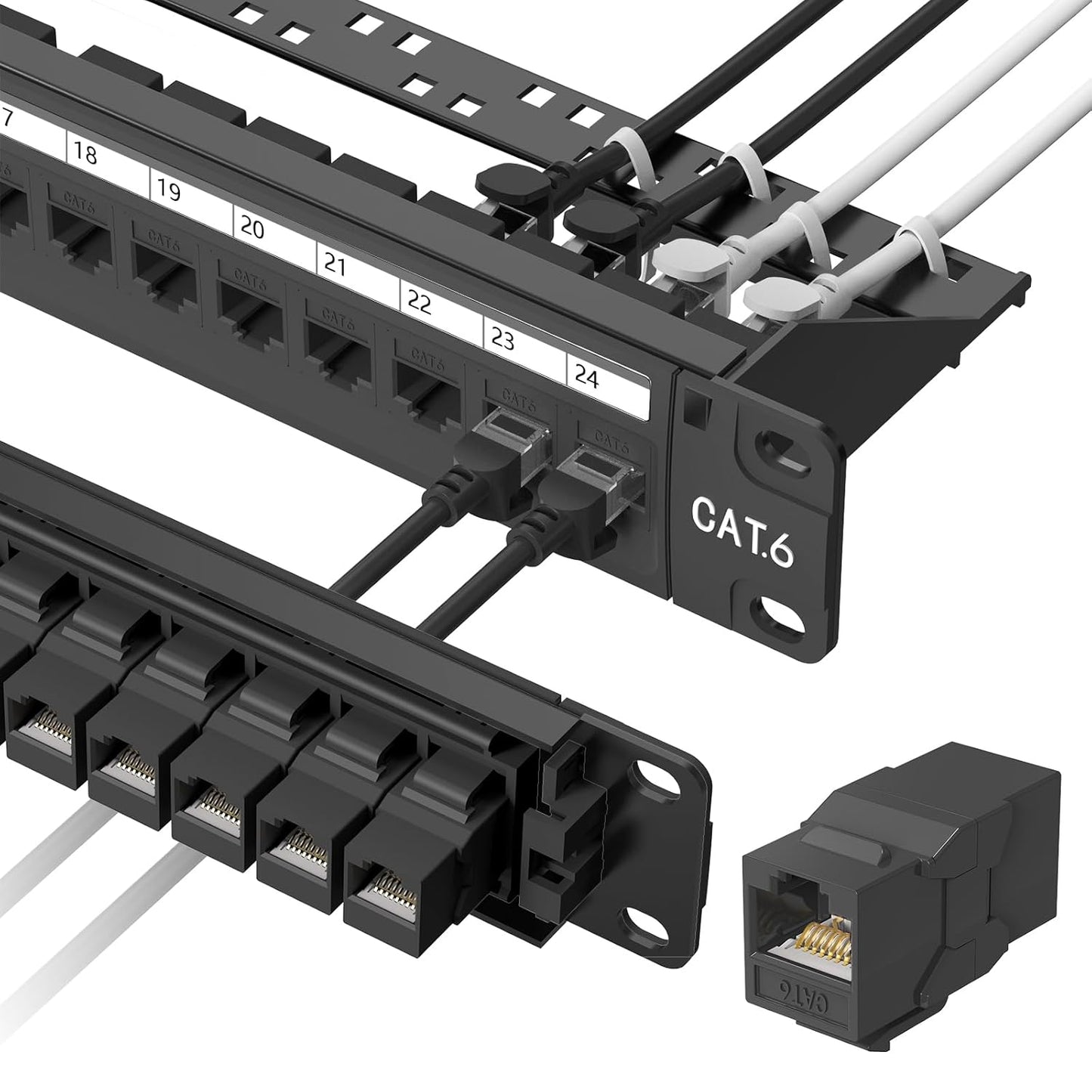 Jadaol 24 Port Patch Panel Rackmount or Wall Mount 19-Inch, 1U Cat6 Network Panel Preloaded with 24 Keystone Couplers plus 1 Spare, 10Gbps Ethernet Patch Panel with Cable Management & Back Support Bar