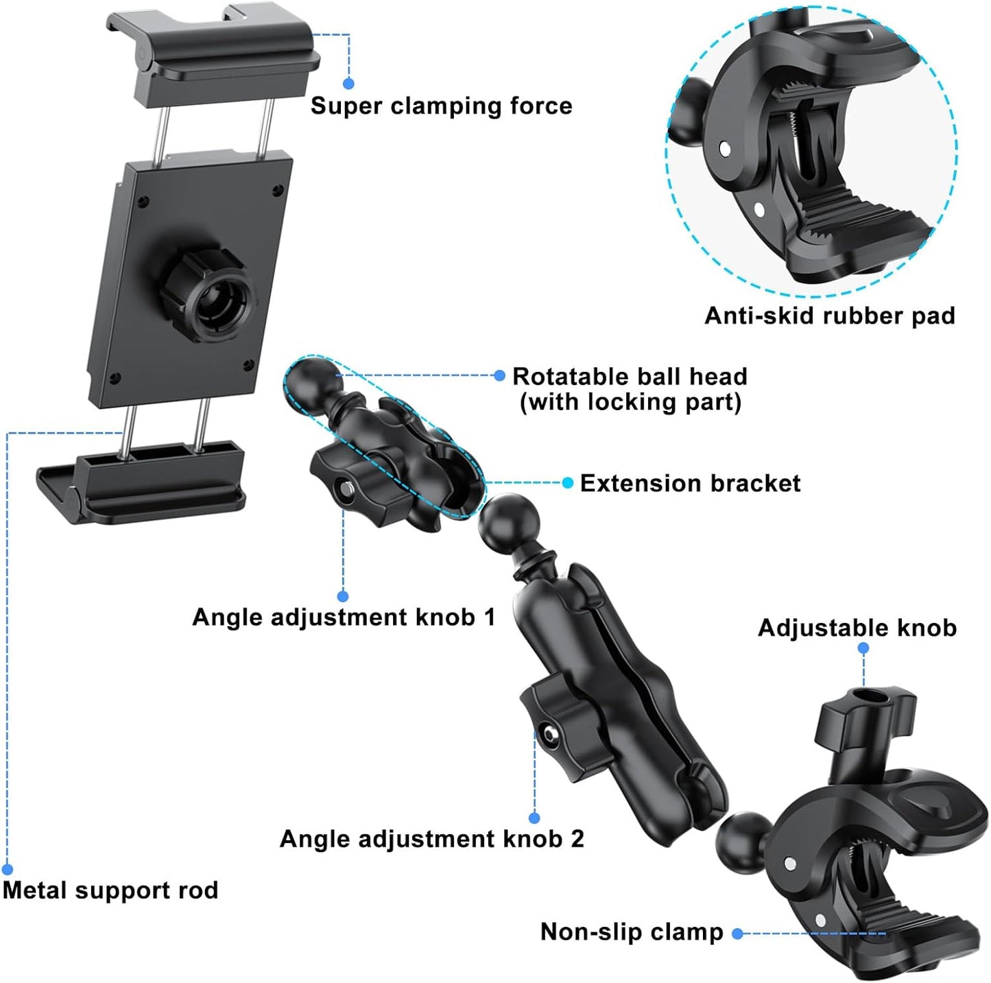 PLDHPRO Tablet Mic Music Holder for iPad Clamp Mount Stand, Microphone Tripod Treadmill Stroller Spin Bike Exercise Handlebar Accessories Compatible iPhone iPad Galaxy Tab 5.1-15.6'' Phones Tablets