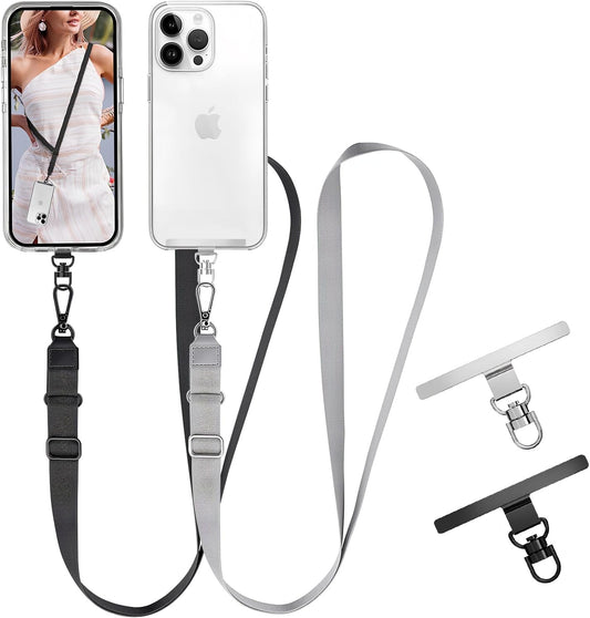 Adjustable Crossbody Cellphone Lanyard for iPhone, Includes 2 Lanyard,2 Pcs TPU phone tether tab, Black＋Clear