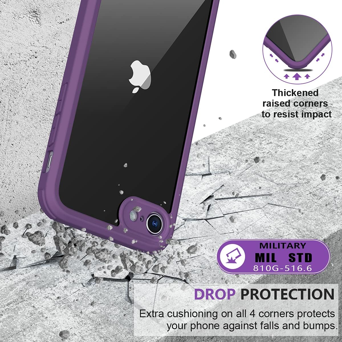 Miracase for iPhone SE Phone Case 3rd/2nd Generation 2022 2020 Full-Body with Built-in Glass Screen Protector, Heavy Duty 360° Protective Shockproof Bumper Cover for iPhone 8/SE, Purple
