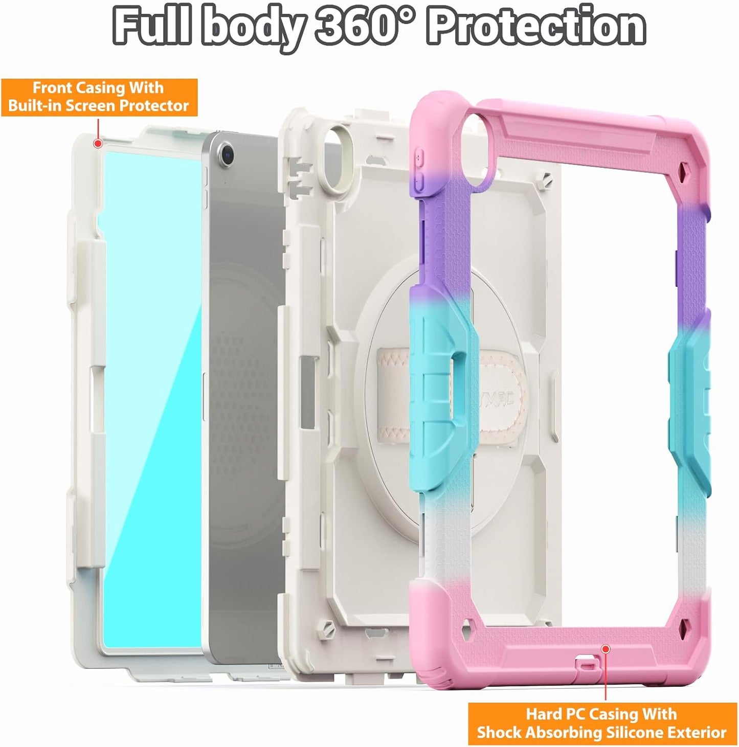 SEYMAC for iPad Air 13 Inch Case M3 2025/ M2 2024, Heavy Duty Shockproof Protective Case with Screen Protector, Rotating Stand, Hand/Shoulder Strap and Pen Holder for iPad Air 13, Colorful Pink