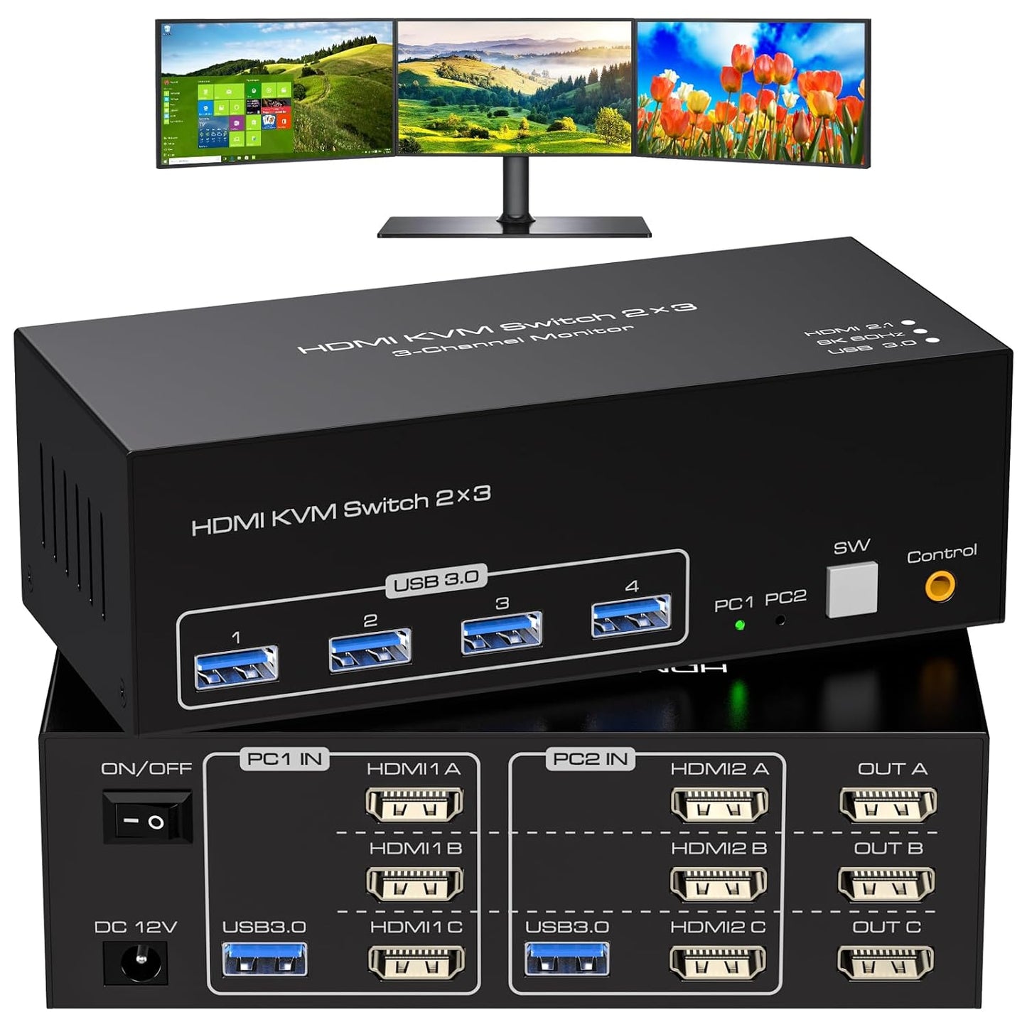 8K 60Hz HDMI KVM Switch 3 Monitors 2 Computers 4K 120Hz USB 3.0 KVM Switches Triple Monitor 2 Ports Share 1 Set of Keyboard Mouse Printer Scanner Between Two PC with Wired Controller