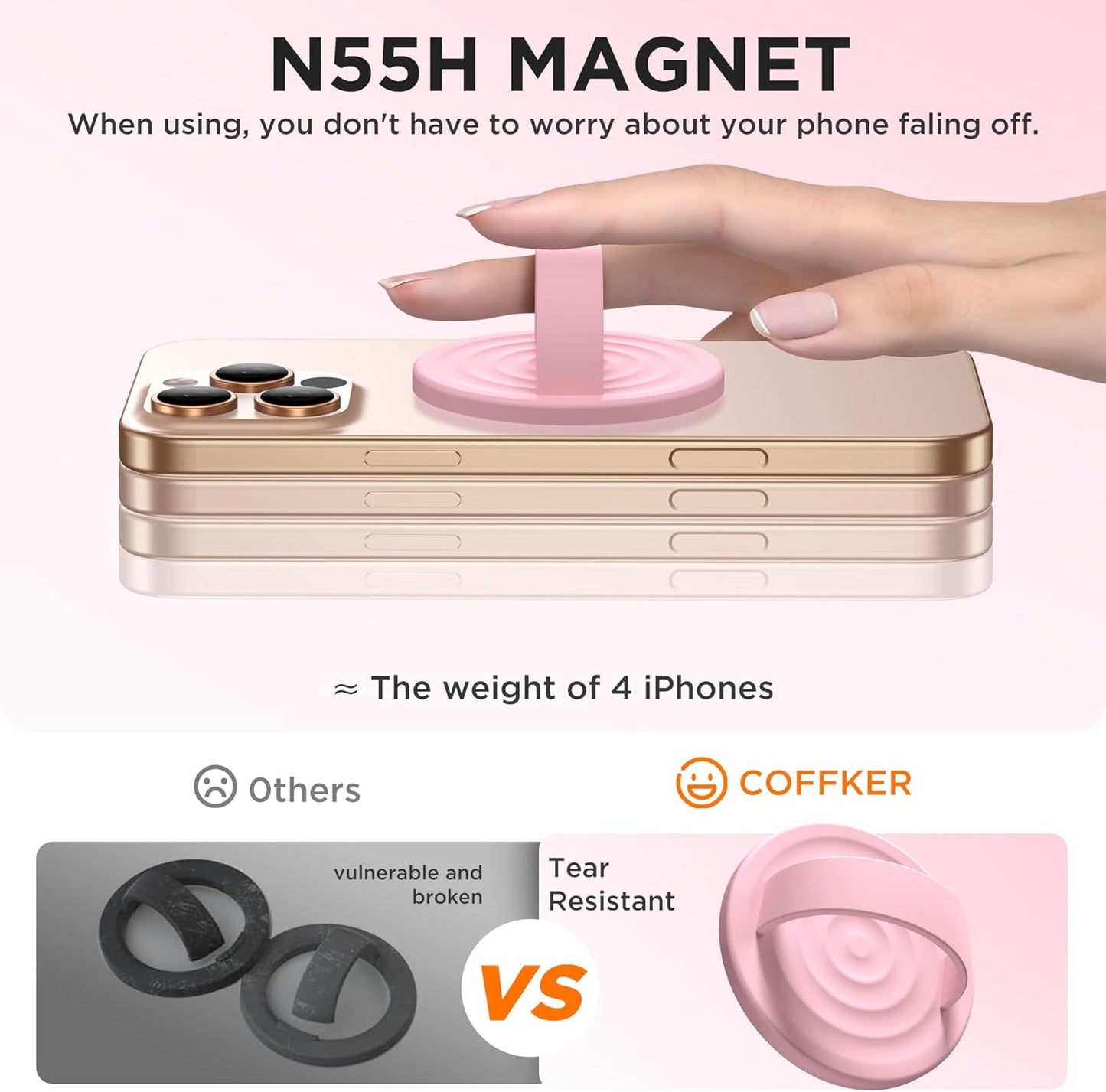 Magnetic Phone Ring Grip Holder, Silicone Finger Loop Grip, Compatible with MasSafe, Back of Phone for iPhone Pro Max/Plus/16/15/15/14/13/12 Series, Pink