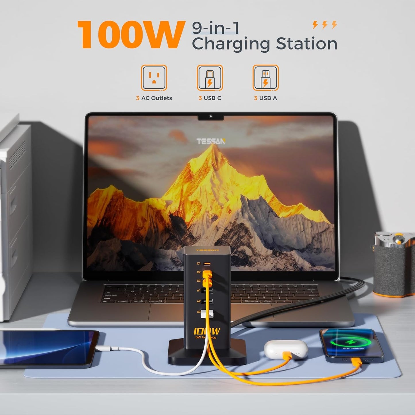 Charging Station PD 100W, TESSAN 9-in-1 USB C Power Strip for iPhone 16/15, MacBook, Tablet, Desktop Phone Fast Charger with 3 AC, 3 USB-A Ports, Home Drom Office Accessories