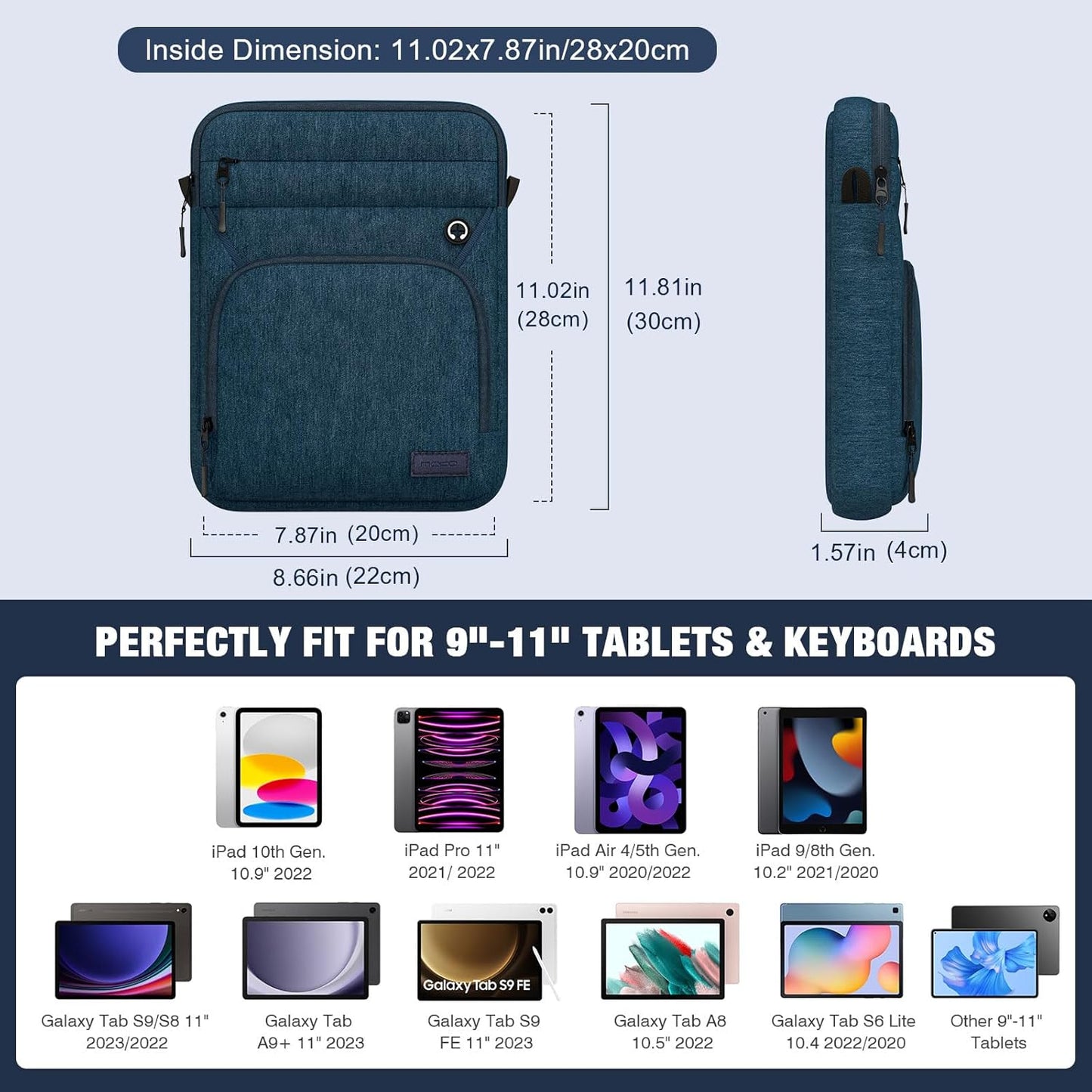 MoKo 9-11 Inch Tablet Sleeve Bag, Fits iPad Air/Pro 11 inch, iPad 10th Gen 10.9, Tab S9 11, Multifunctional Bag with Shoulder and Headphone Port, Indigo