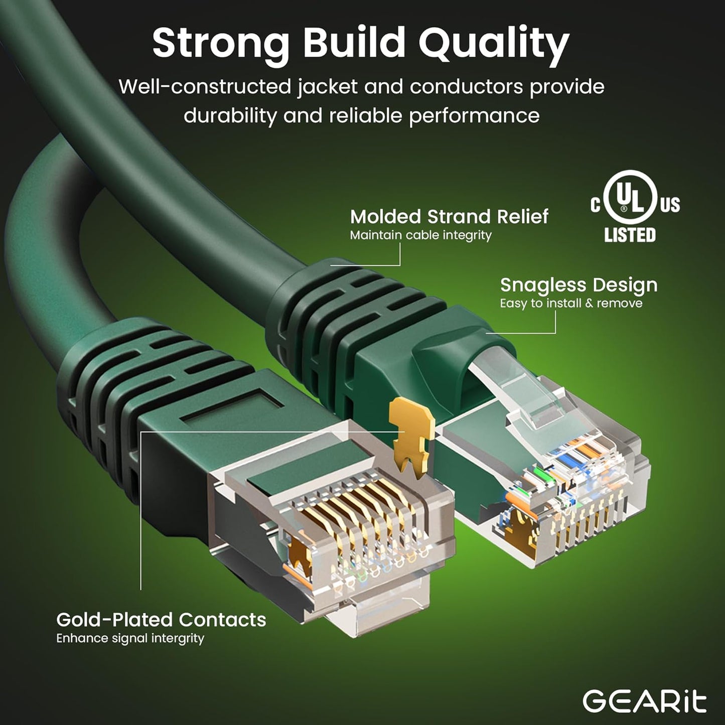 GearIT Cat 6 Ethernet Cable (24-Pack 3 Feet) Cat6 Network Patch, 10Gbps, RJ45, Snagless Cord, Gold-Plated Connectors, Internet for PC, TV, Tablet, Router, Printer, Servers, IT Data Center - Green