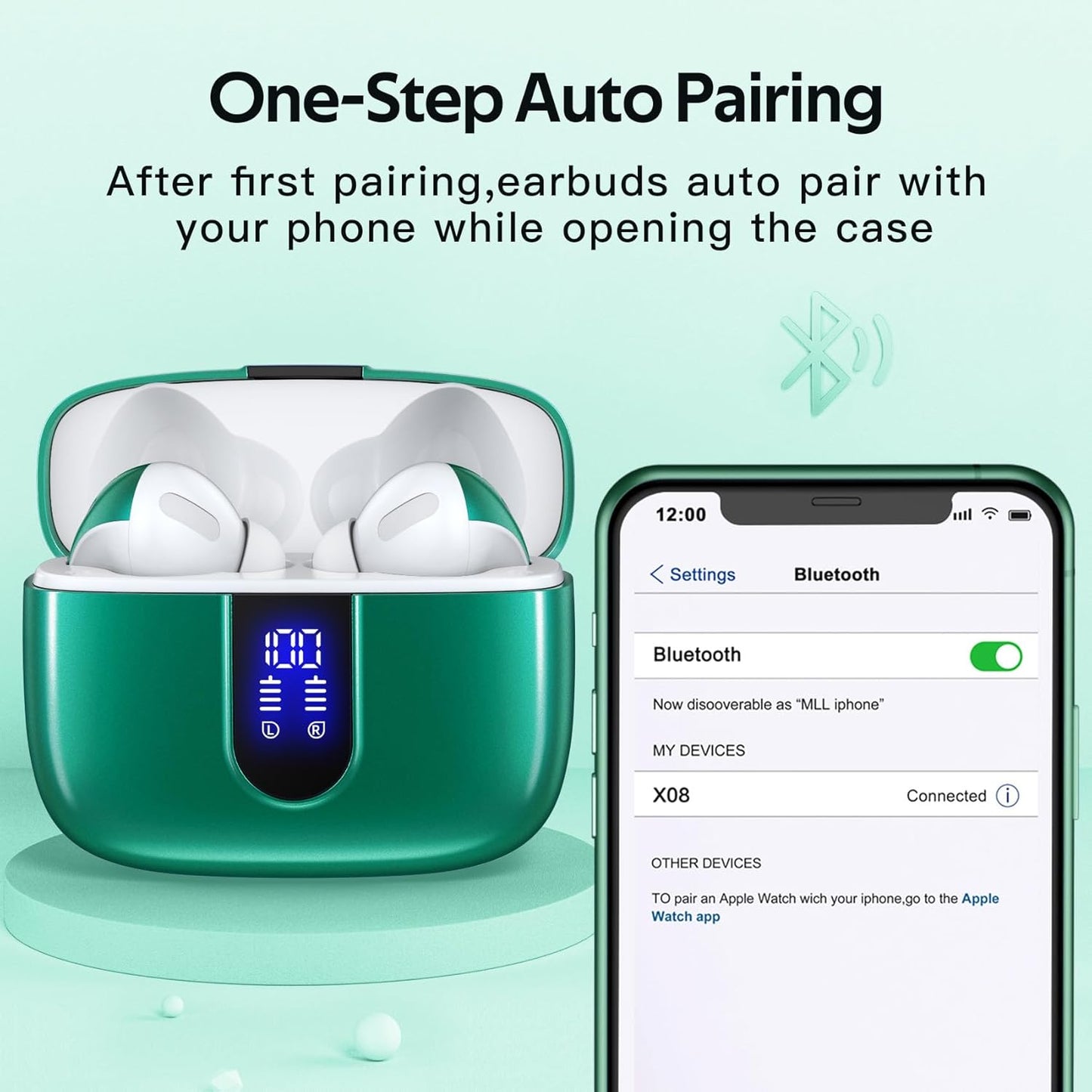 TAGRY Bluetooth Headphones True Wireless Earbuds 60H Playback LED Power Display Earphones with Wireless Charging Case IPX5 Waterproof in-Ear Ear buds with Mic for TV Smart Phone Laptop Computer Sports