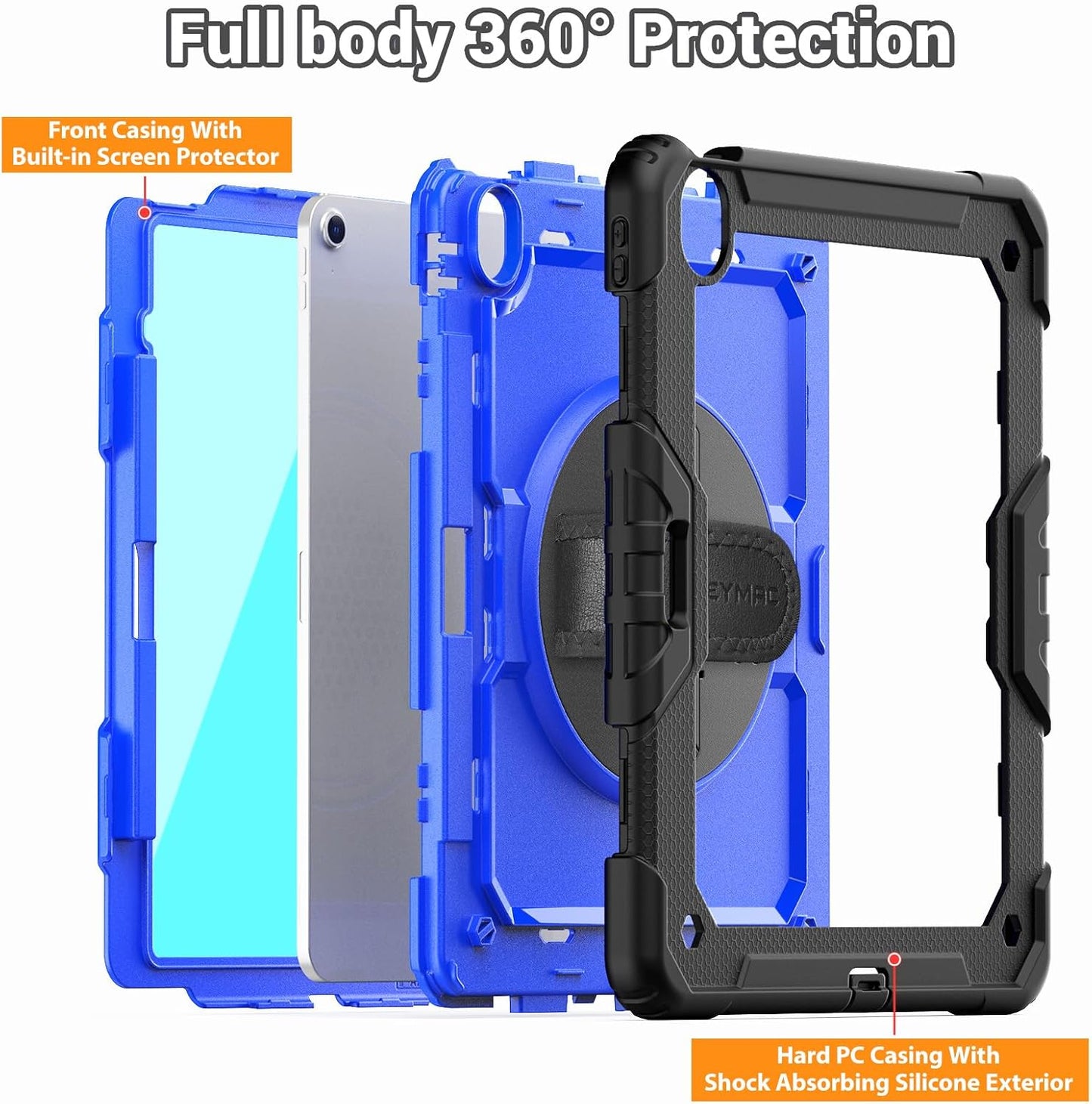 SEYMAC for iPad Air 13 Inch Case M3 2025/ M2 2024, Heavy Duty Shockproof Protective Case with Screen Protector, 360° Rotating Stand, Hand/Shoulder Strap and Pen Holder for iPad Air 13, Blue