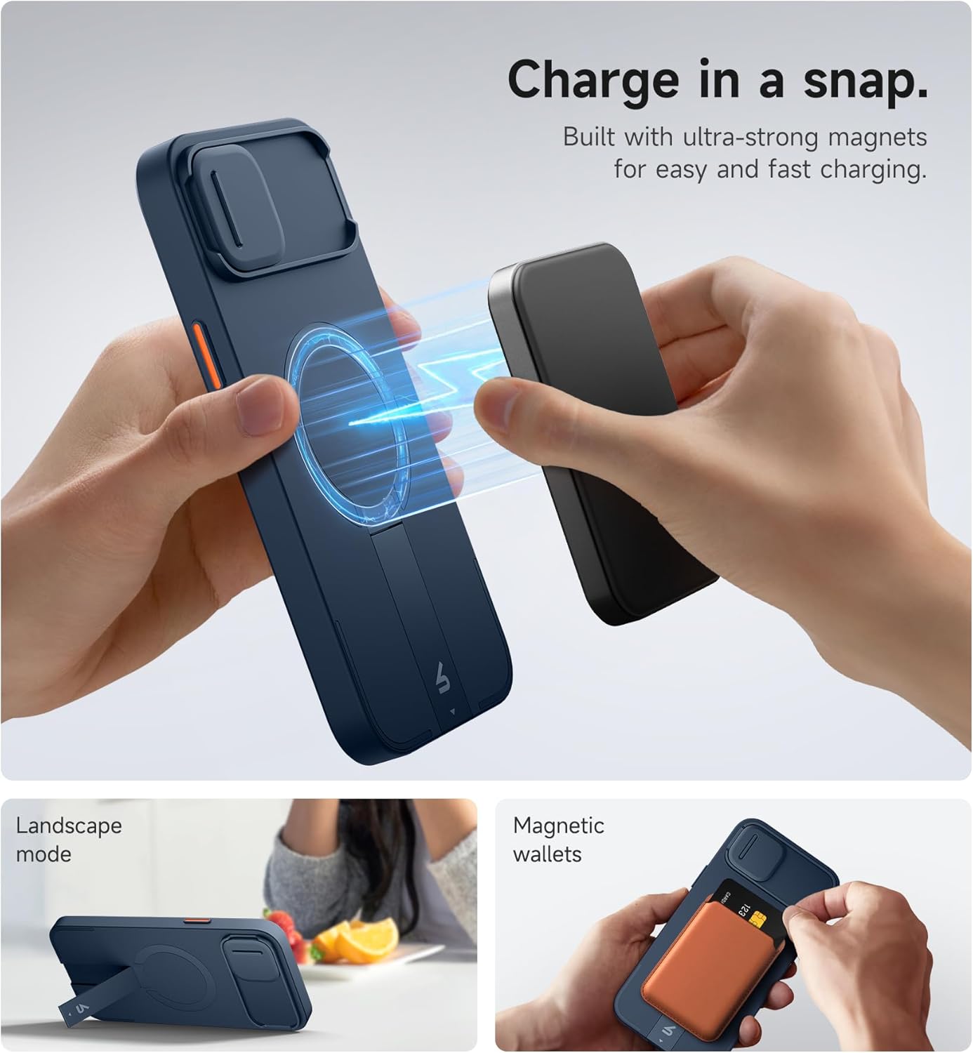 SURITCH for iPhone 14 Plus/15 Plus Case with Magnetic Camera Slide Cover and Adjustable Kickstand, Compatible with MagSafe, Shockproof Bumper Case Slim Protective Cover 6.7 Inch, Blue