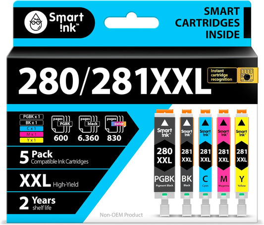 Smart Ink Compatible Ink Cartridges Replacement for Canon 281 280 PGI-280XXL CLI-281XXL (5 Combo Pack) to use with Canon Printers Pixma TR8520 TS9120 TS6120 TR8620 TR8620a TS6320 TR7520 PGBK/BK/C/M/Y