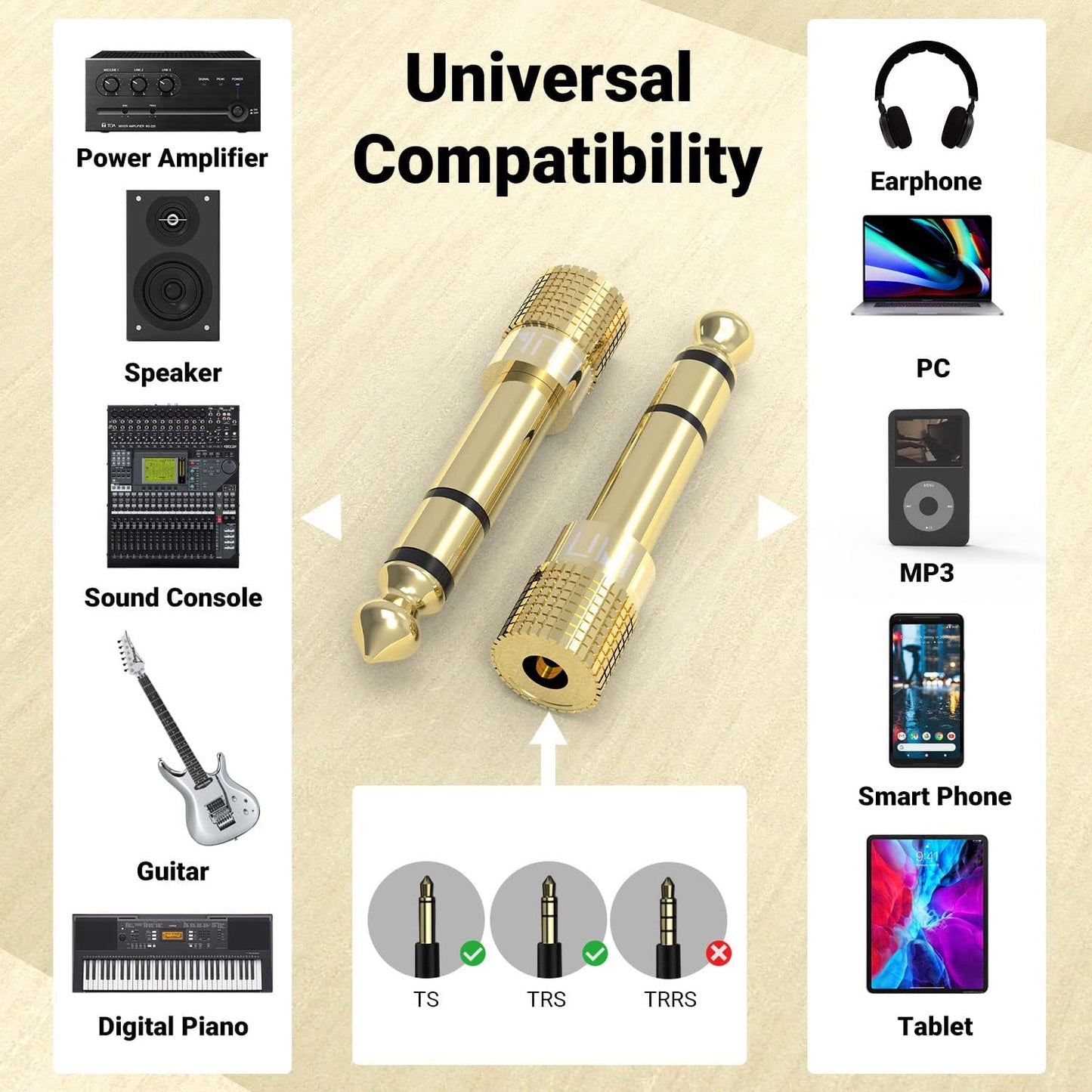 Cubilux 6.35mm to 3.5mm Audio Adapter, Gold Plated 1/4” Male to 1/8” Female TRS Stereo AUX Connector Converter for Guitar Keyboard Digital Piano Studio Monitor Amplifier Mixer Splitter, 6-Pack