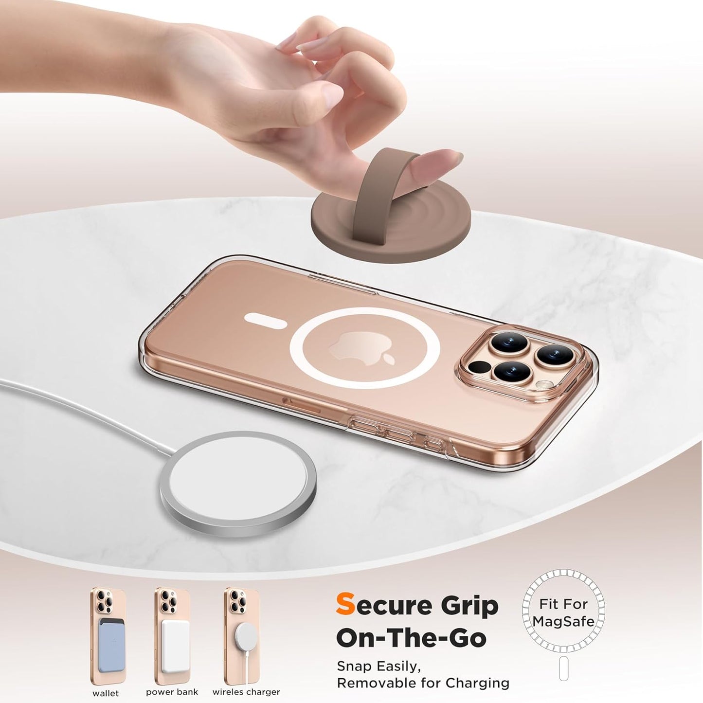 Magnetic Phone Ring Grip Holder, Silicone Finger Loop Grip, Compatible with MasSafe, Back of Phone for iPhone Pro Max/Plus/16/15/15/14/13/12 Series, Light Brown