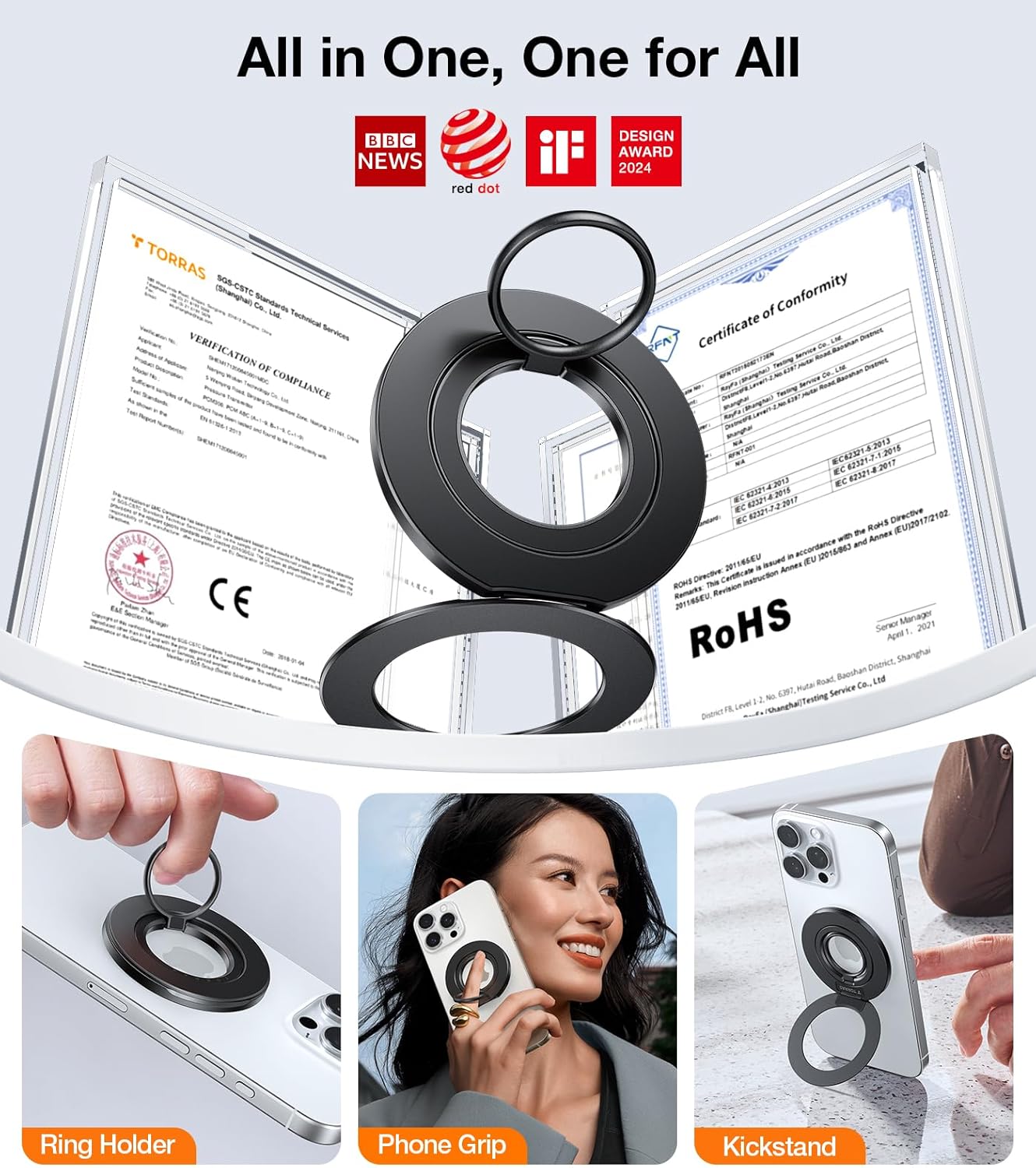 TORRAS 2025 Upgrade (Dual-Ring) Fit for MagSafe Phone Grip Ring Holder Compatible with MagSafe Kickstand Magnetic for iPhone 16/15/14/13/12/11 Samsung, Google Accessories, Black