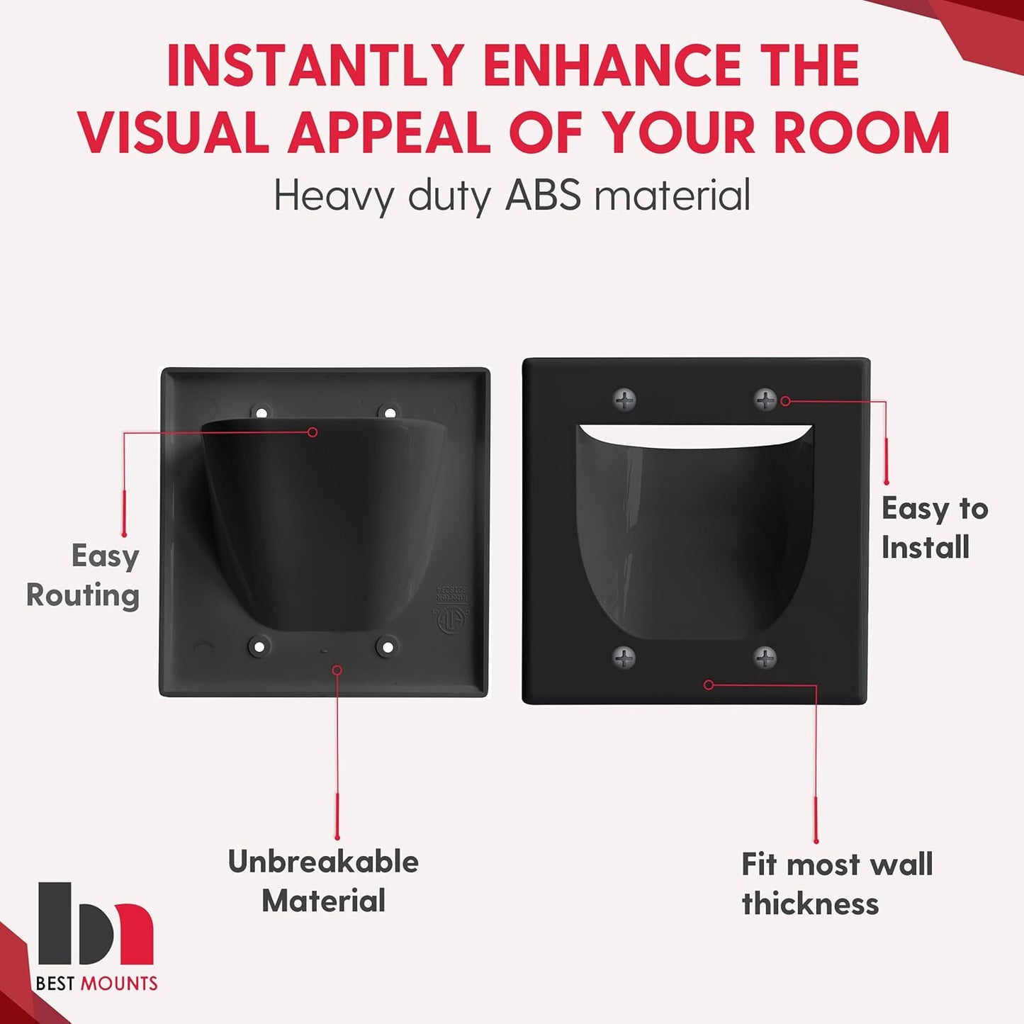 BestMounts - 2 Pack In Wall Cable Management Kit - Recessed Wall Plate Cable Black Pass Through Pair with Dual Gang Low Voltage Mounting Bracket - TV Cord Hider for Wall Mounted TV ETL Listed