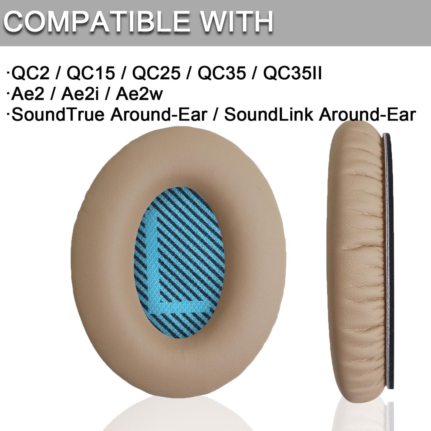 Ear Pads for Bose Quiet Comfort 35 Soft Protein Leather Replacement Earpads Ear Cushions Ear Pad for Bose QC 45/35 / 25/15 QC2 / Ae2 / Ae2i / Ae2W / Sound Link/Sound True (QC35-Khaki&Blue)